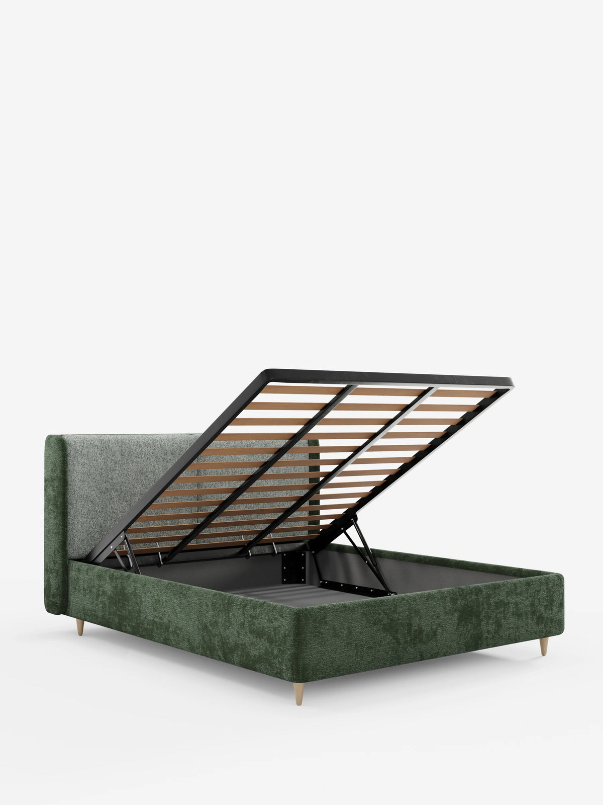 Un letto imbottito VALKIRIA bicolore, di colore verde scuro, con contenitore e rete a doghe rialzata, caratterizzato da una testiera curva in grigio chiaro a contrasto e da gambe corte in legno.