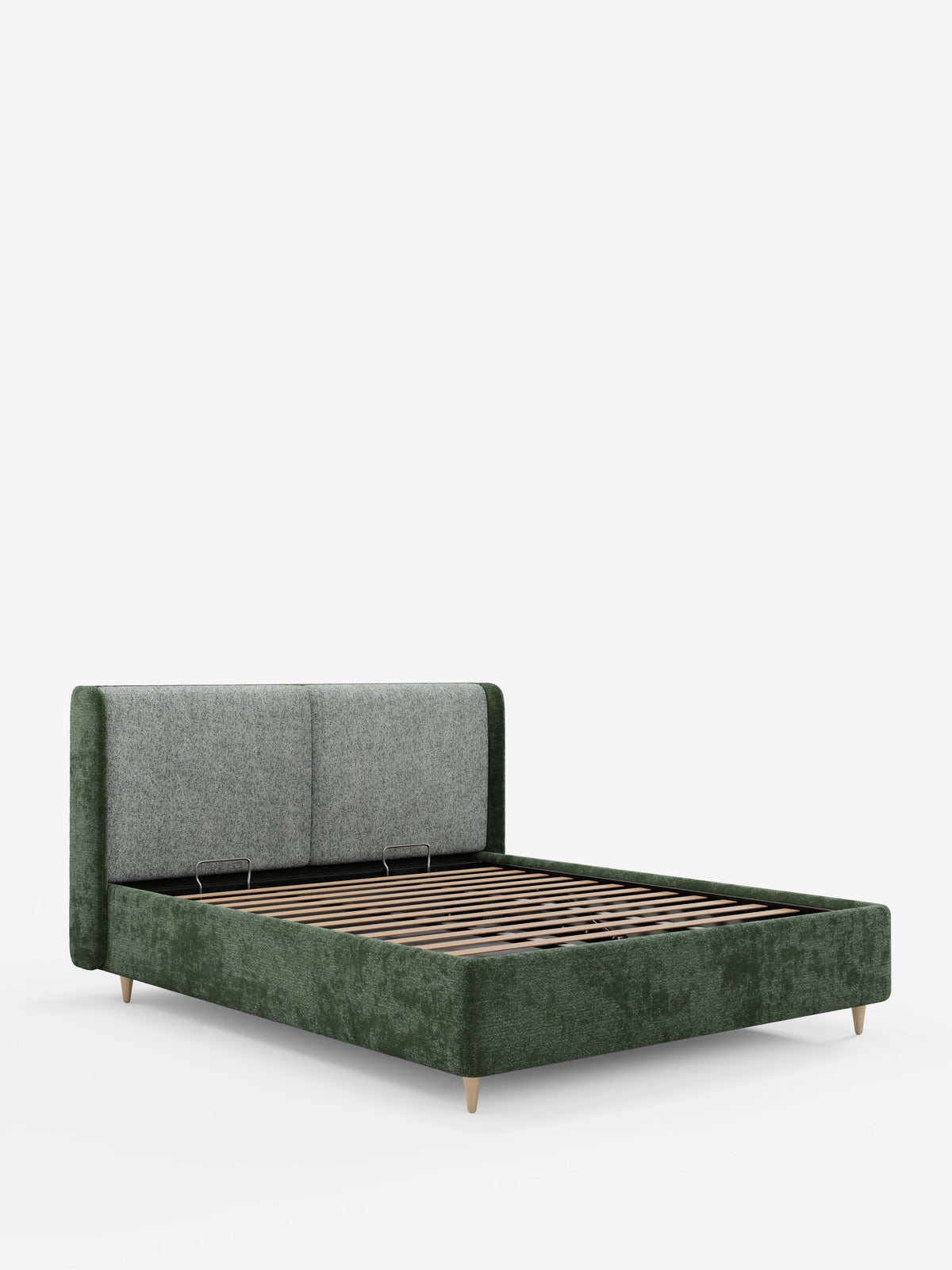 Il letto imbottito bicolore VALKIRIA con contenitore, cuscini per lo schienale e testiera curva avvolgente è un letto moderno con finitura verde scuro testurizzata, testiera curva grigia, doghe in legno e gambe affusolate di colore chiaro su fondo bianco.