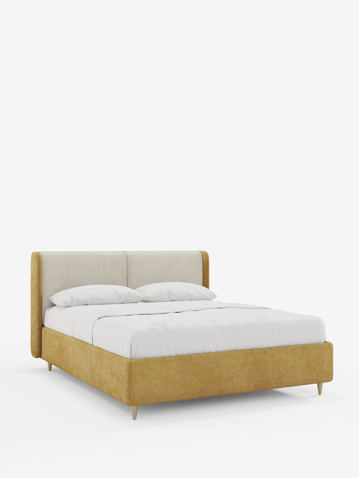 Il letto imbottito bicolore VALKIRIA con contenitore presenta una base imbottita di colore giallo dorato, i lati della testiera ricurvi con un pannello beige chiaro e gambe in legno chiaro; nella foto è abbinato a biancheria da letto bianca e due cuscini.