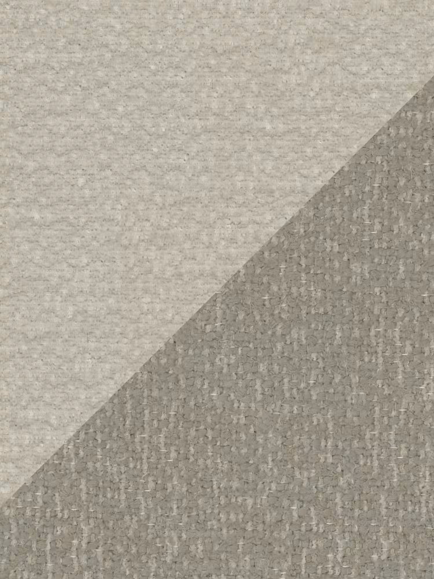 Il tessuto testurizzato, diviso in diagonale, presenta due triangoli dalla superficie leggermente ruvida e intrecciata: quello in alto a sinistra in beige chiaro e quello in basso a destra in taupe. Questo delicato contrasto visivo tra le tonalità lo rende la scelta ideale per la testiera curva avvolgente del letto imbottito bicolore con contenitore VALKIRIA di Letti.store, completando perfettamente il design moderno di un letto bicolore.