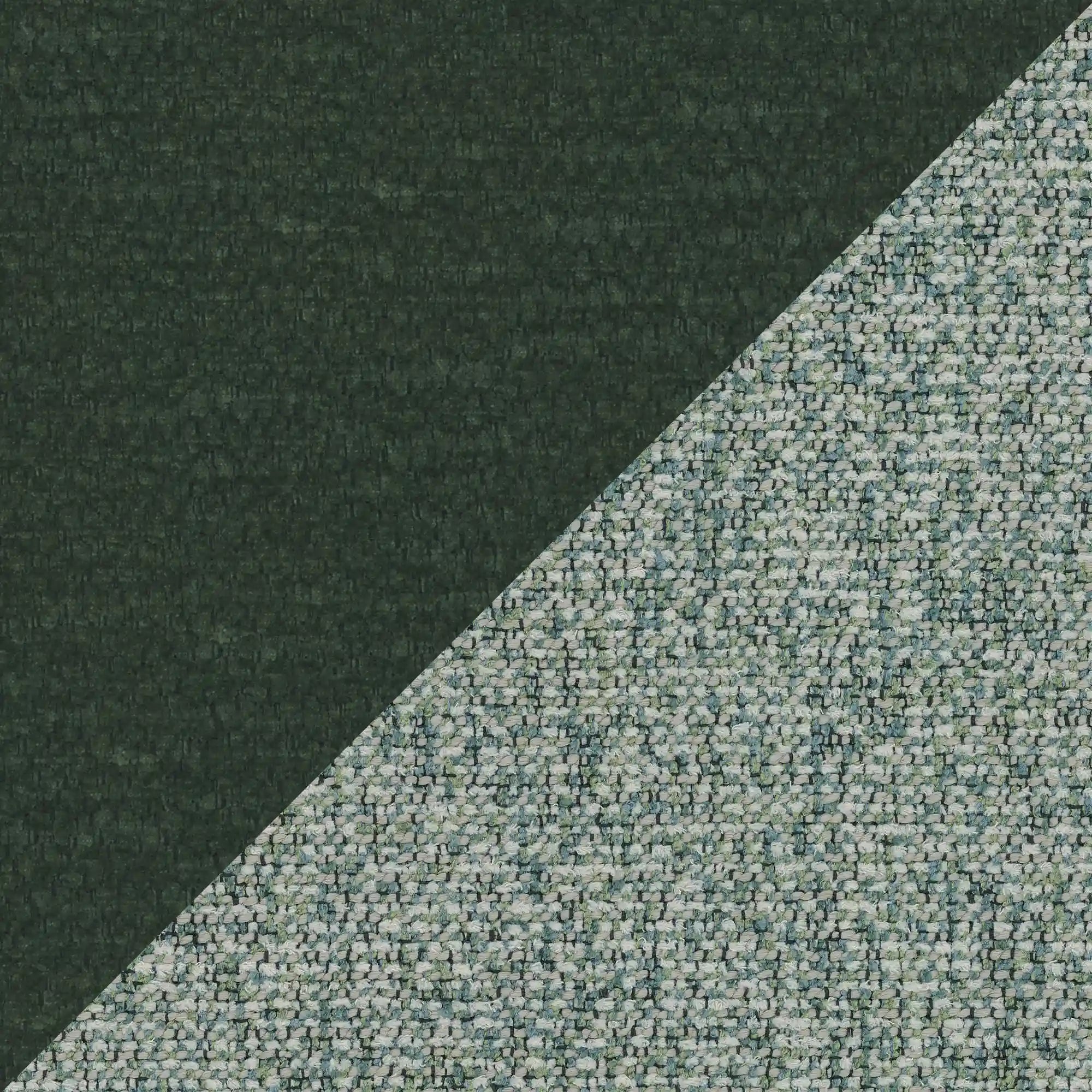 VALKIRIA di Letti.store: un letto imbottito bicolore con la parte superiore a sinistra in verde scuro e quella inferiore a destra in grigio-blu-bianco screziato, caratterizzato da un tessuto testurizzato con divisione diagonale — stile sofisticato unito a spazio contenitivo, testiera curva e comodi cuscini dello schienale.