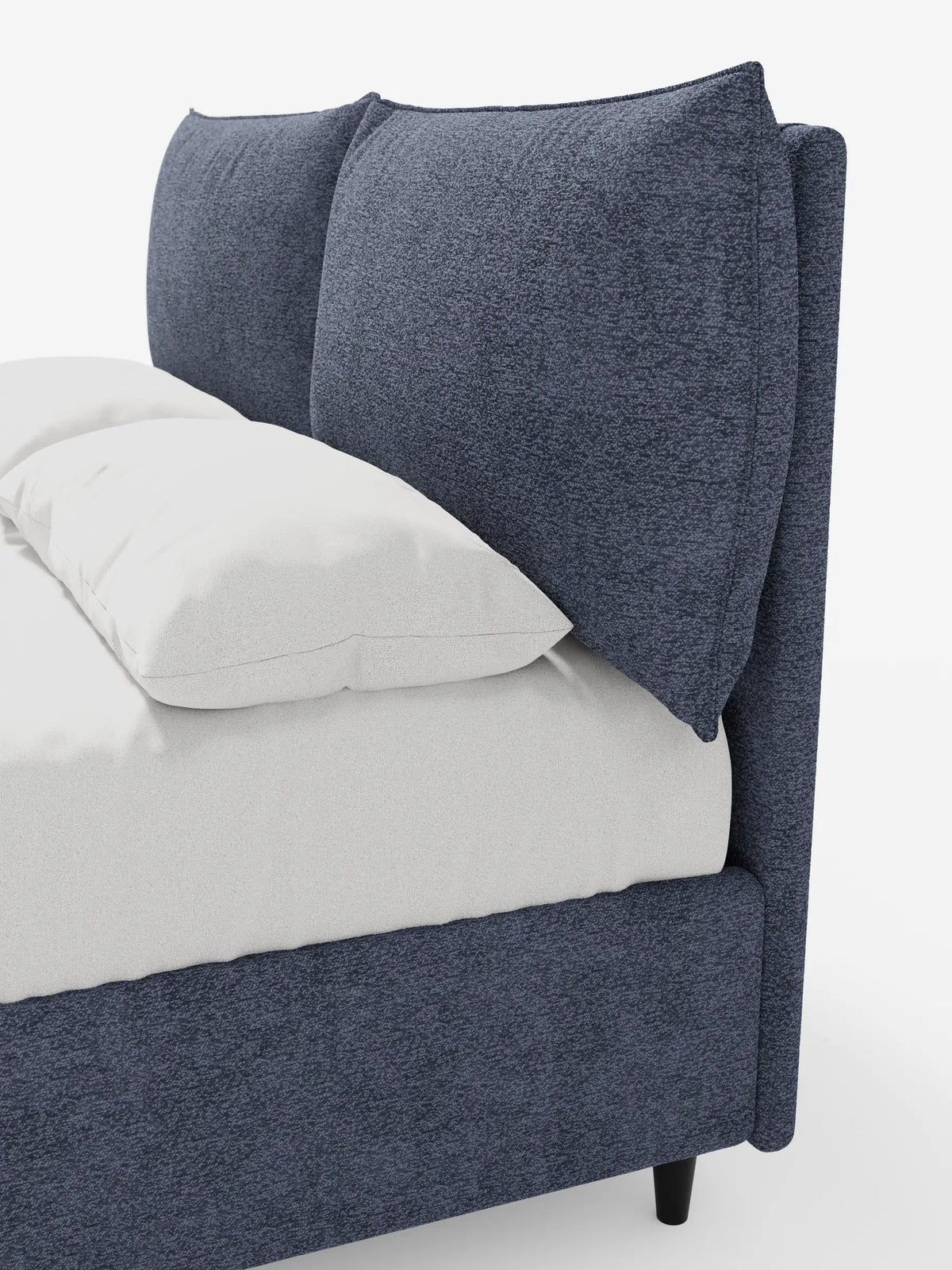 ZAYRON, letto imbottito con contenitore e morbidi cuscini regolabili, caratterizzato da una moderna struttura in tessuto testurizzato blu scuro con due soffici cuscini, rifinito con cura con lenzuola di lino grigio chiaro.