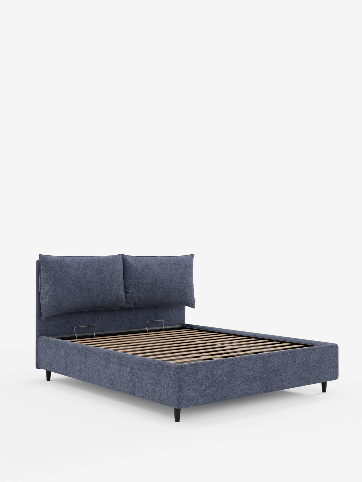 Il letto imbottito ZAYRON con contenitore e morbidi cuscini regolabili presenta una struttura in tessuto blu navy moderno e testurizzato con rete a doghe, due cuscini regolabili sulla testiera e quattro gambe corte e affusolate.