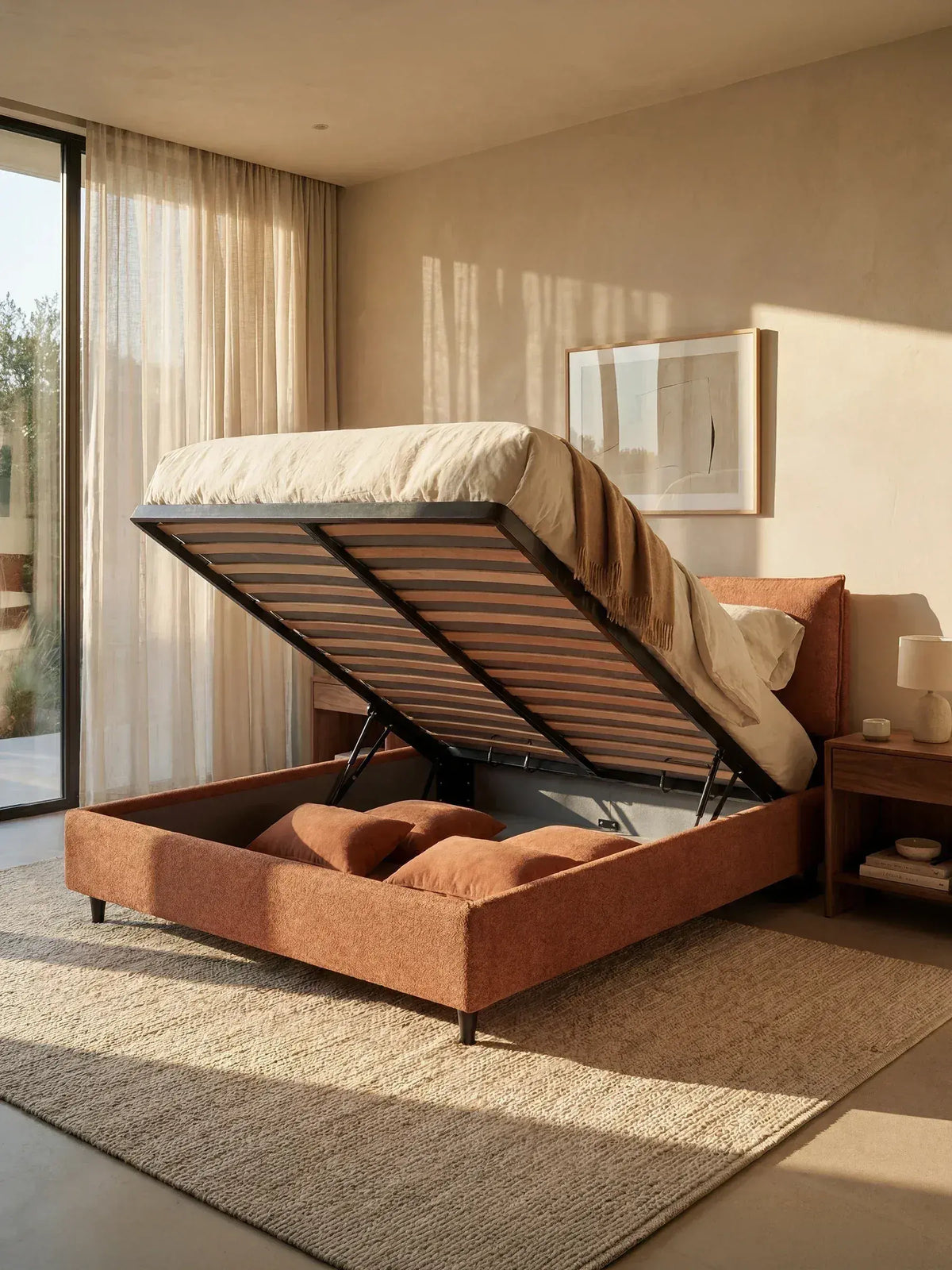Una camera da letto inondata di luce mette in risalto il letto imbottito con vano contenitore ZAYRON di Letti.store, il cui materasso è sollevato per rivelare un ampio vano contenitore pieno di cuscini. Questo elegante letto presenta un design moderno in tessuto certificato Oeko-Tex® ed è dotato di morbidi cuscini regolabili sulla testiera per un comfort superiore. Tende leggere ricadono sulle finestre alte, un comodino decorativo si trova accanto al letto, mentre un tappeto dalla trama particolare e