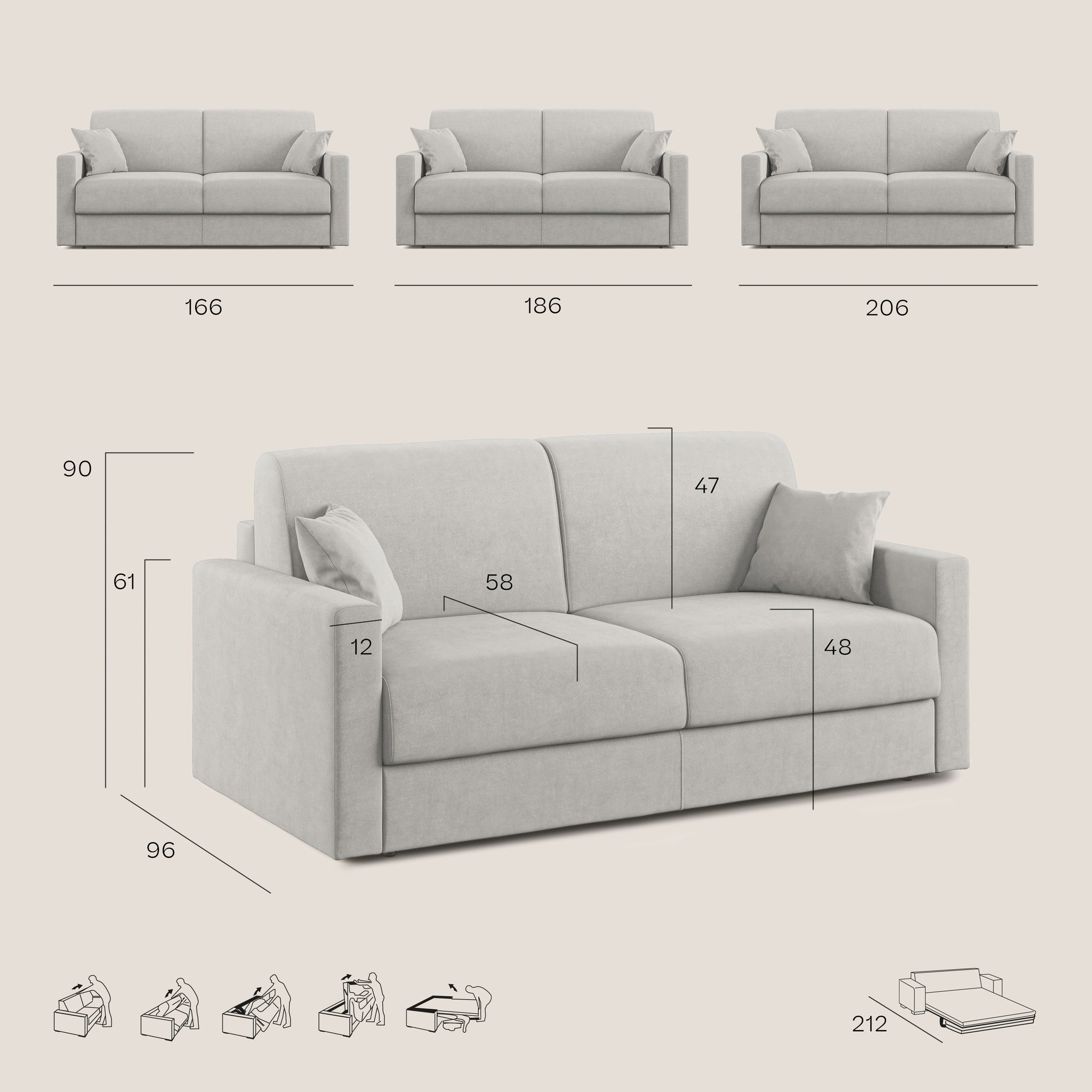 Chris Divano letto 206 cm (mat. 160x197 cm) in tessuto impermeabile T13 colore ANTRACITE