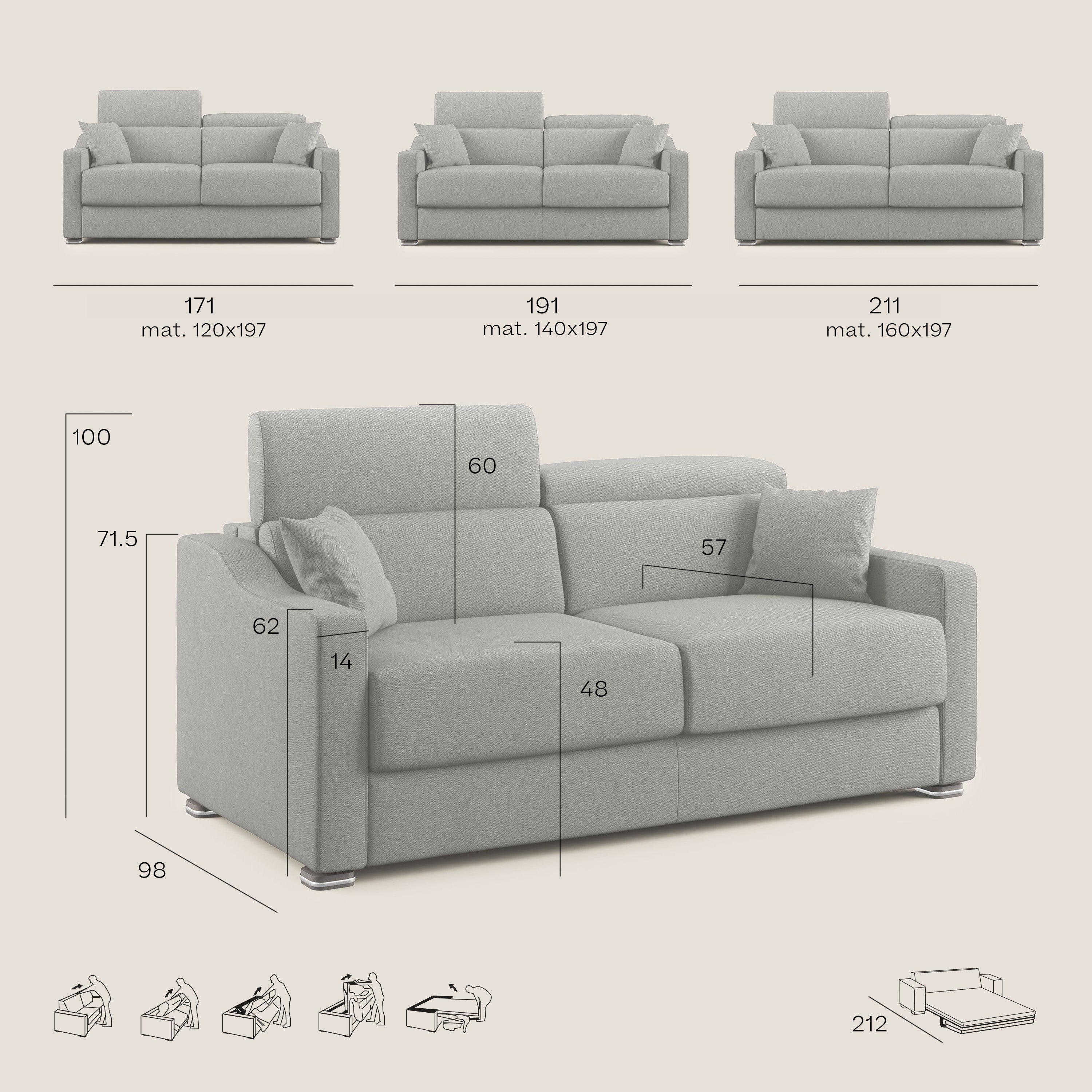 Amber divano letto matrimoniale in tessuto smacchiabile T05 antracite - divani.store