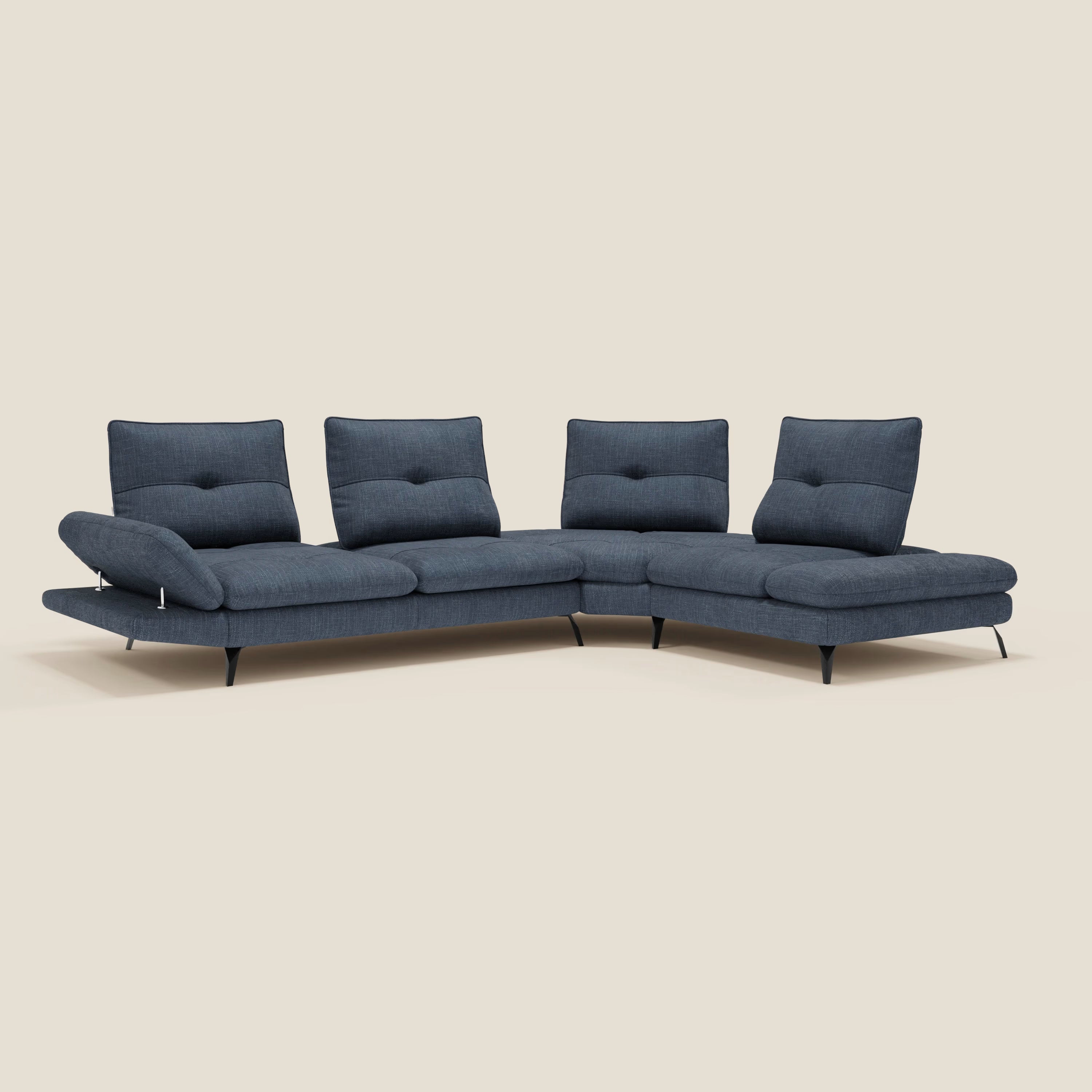 Ardex Divano Angolare - schienali traslanti e bracciolo regolabile in elegante tessuto impermeabile T06 blu