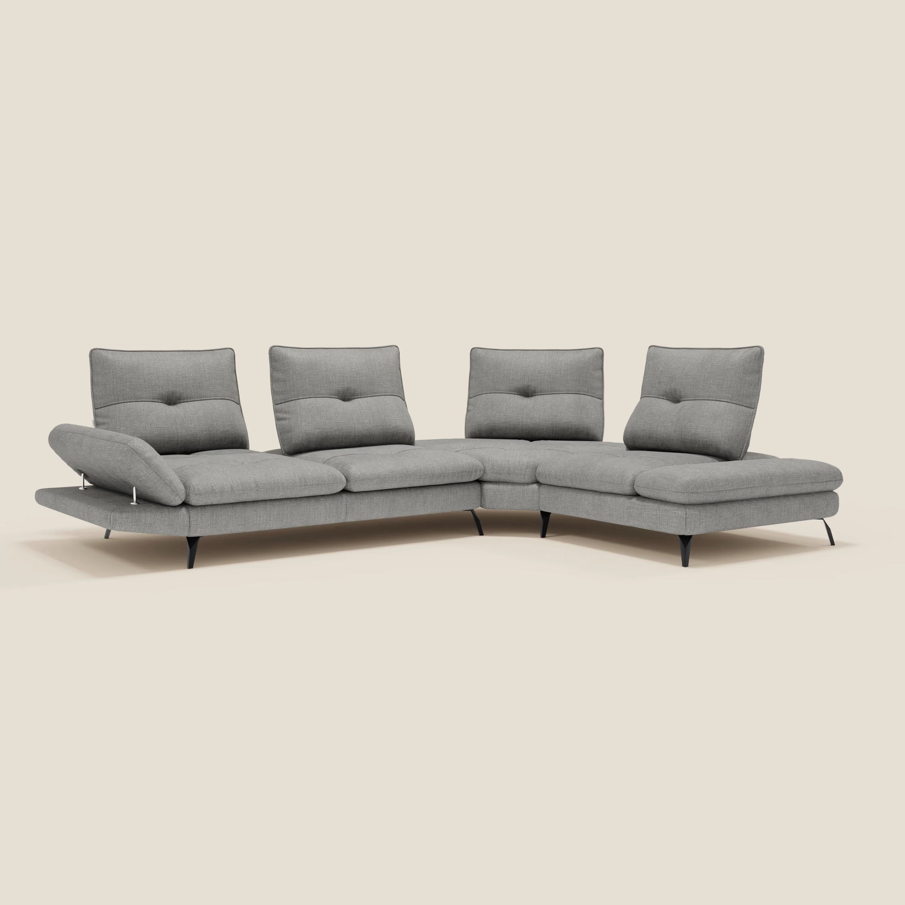 Ardex Divano Angolare - schienali traslanti e bracciolo regolabile in elegante tessuto impermeabile T06 grigio