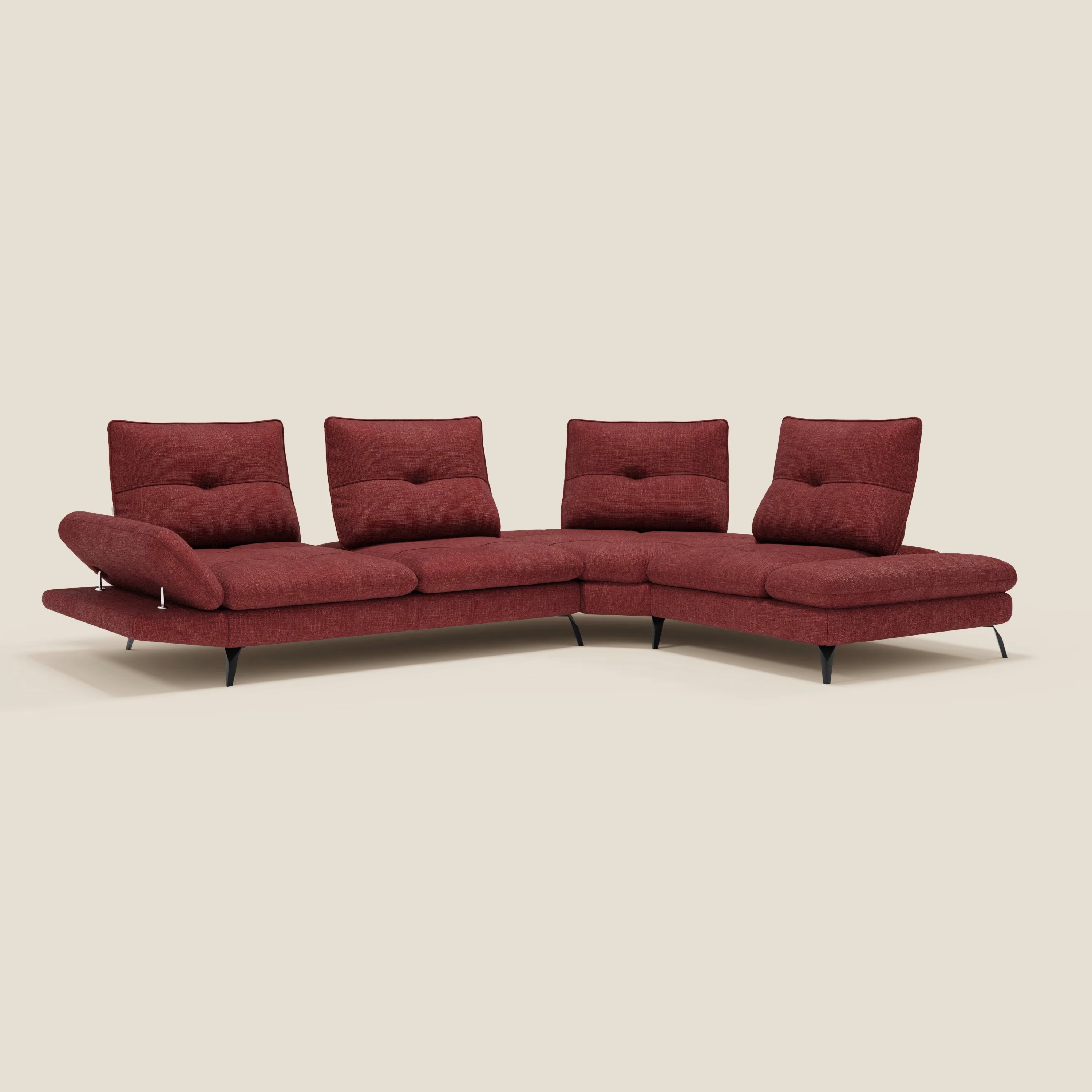 Ardex Divano Angolare - schienali traslanti e bracciolo regolabile in elegante tessuto impermeabile T06 rosso