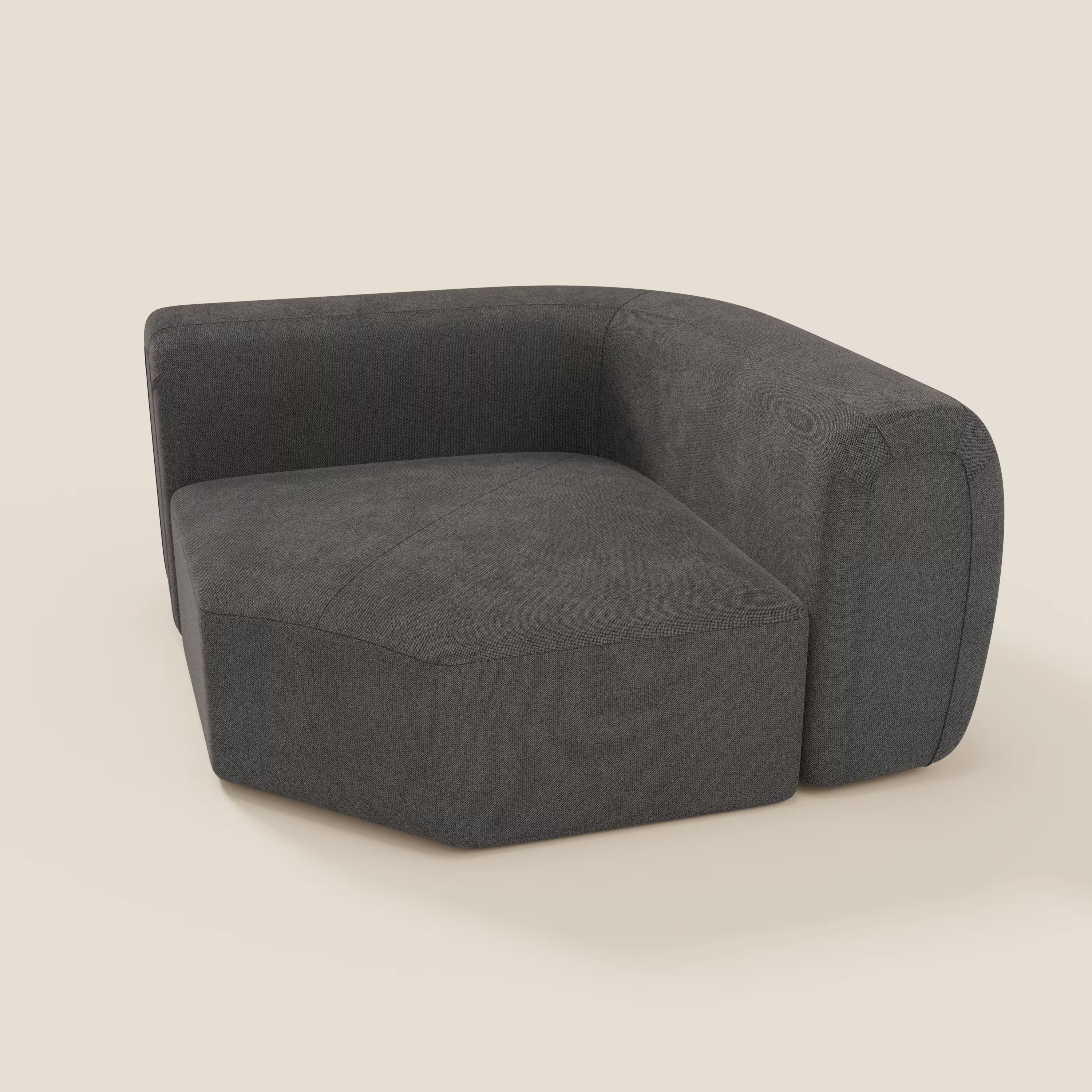 Bonbon Modulo angolare di Divani.Store è una poltroncina moderna in tessuto T23 antracite, facile da pulire, con cuscini spessi e bracciolo destro, su sfondo beige.