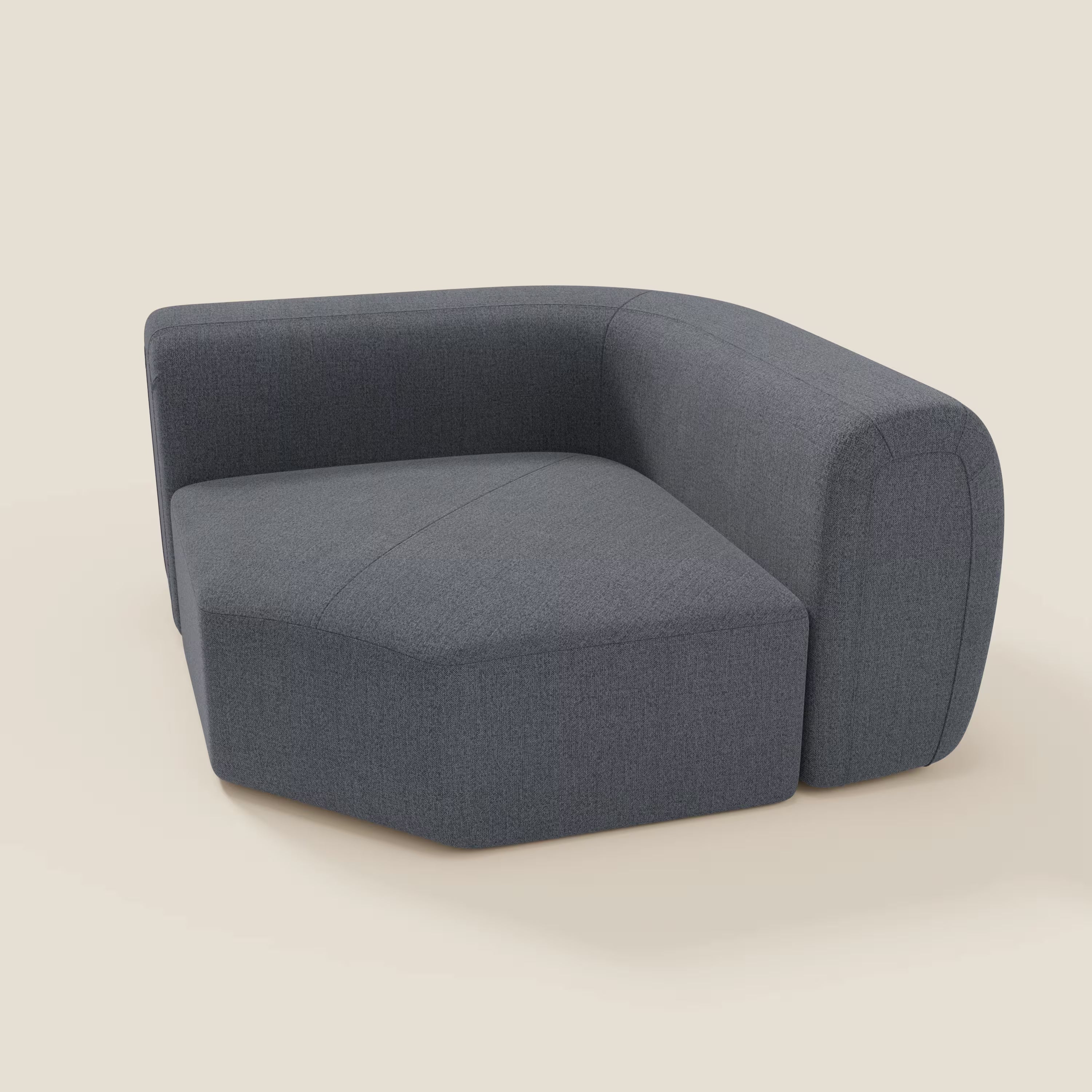 Bonbon Modulo angolare di Divani.Store è una sedia moderna e modulare in tessuto antimacchia T23 blu grafite, caratterizzata da linee geometriche pulite, bordi morbidi e arrotondati e uno schienale alto su due lati.