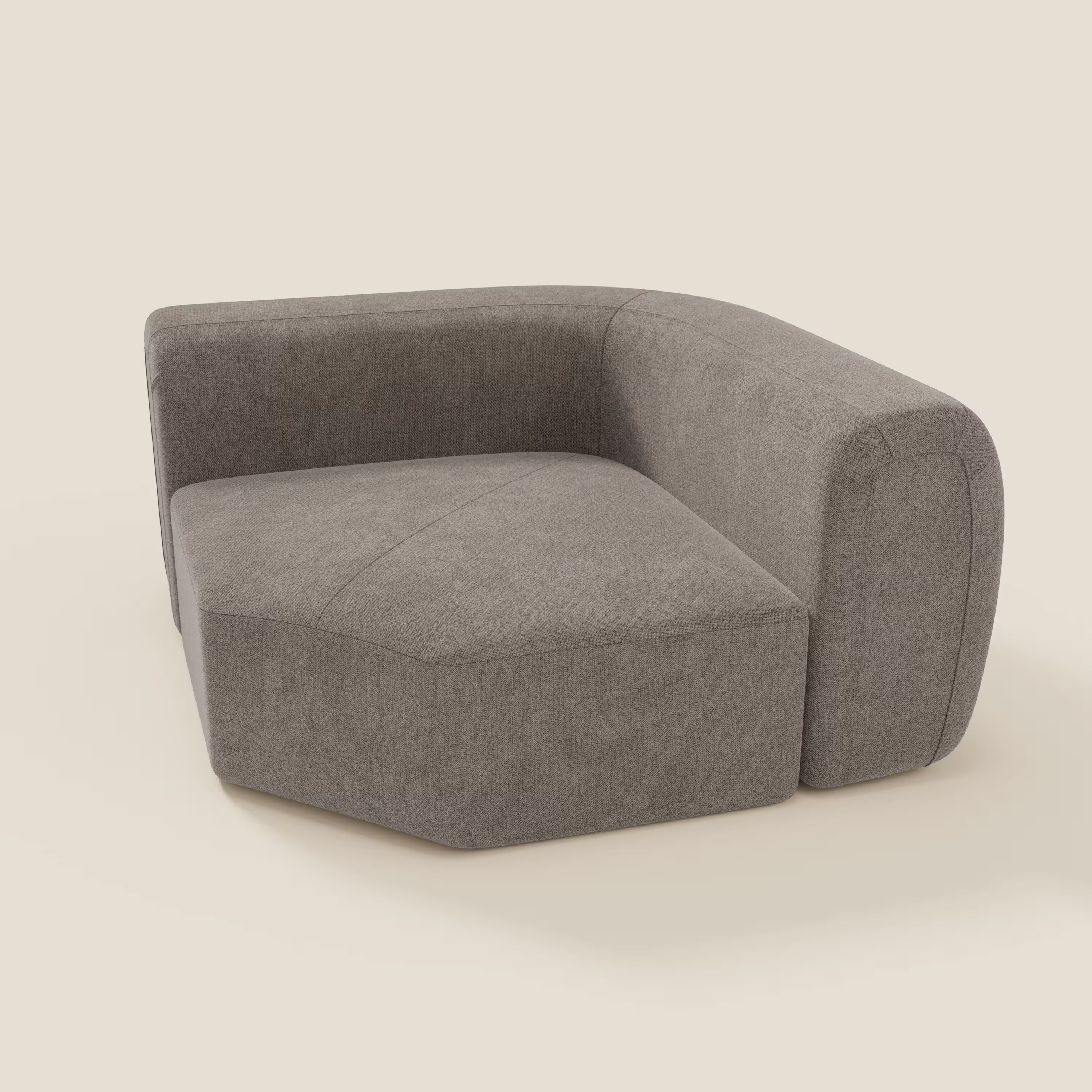 Bonbon Modulo angolare di Divani.Store è una seduta angolare moderna e minimalista con cuscini spessi, linee geometriche e uno schienale basso che si curva su due lati. Rivestita in tessuto talpa T23, facile da pulire e antimacchia.