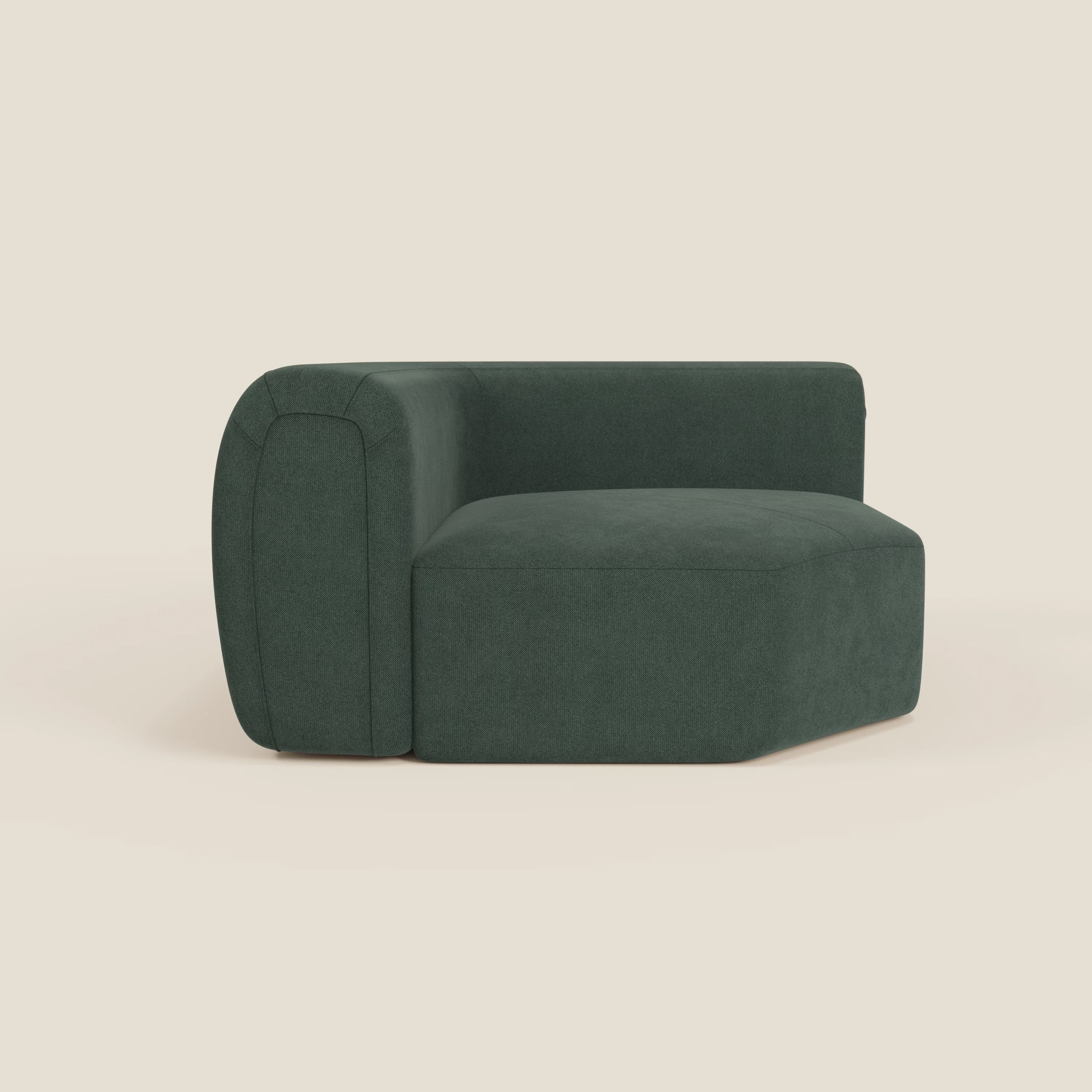 Bonbon Modulo angolare di Divani.Store è un moderno divano senza braccioli verde scuro in tessuto smacchiabile T23, caratterizzato da linee pulite, schienale basso e cuscini morbidi, perfetto come modulo angolare per interni contemporanei.