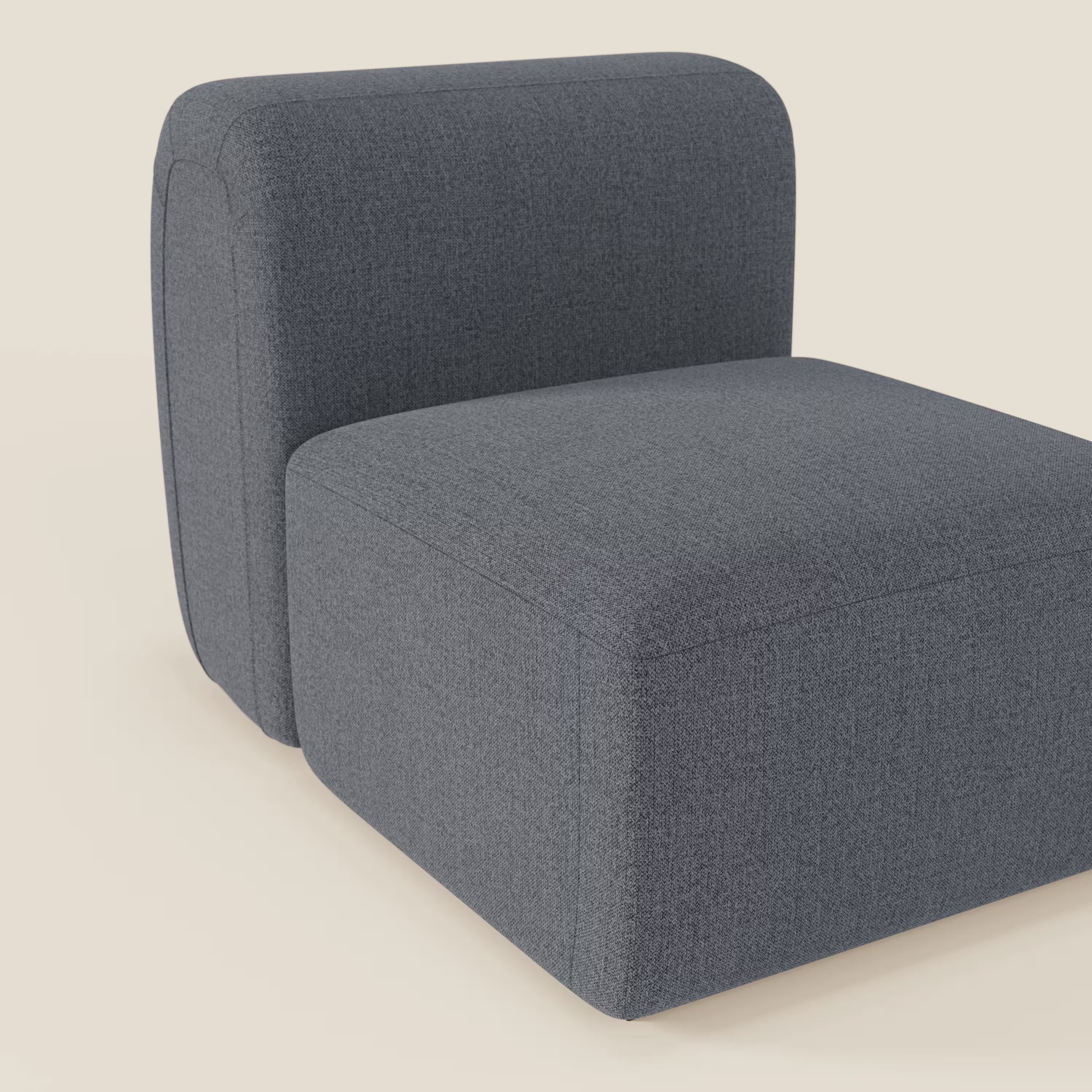 BonBon modulo centrale 70 cm di Divani.Store è una moderna poltrona senza braccioli dal design minimalista, rivestita in tessuto antimacchia T23 blu grafite e dotata di uno spesso cuscino di seduta con schienale rettangolare e leggermente curvo.