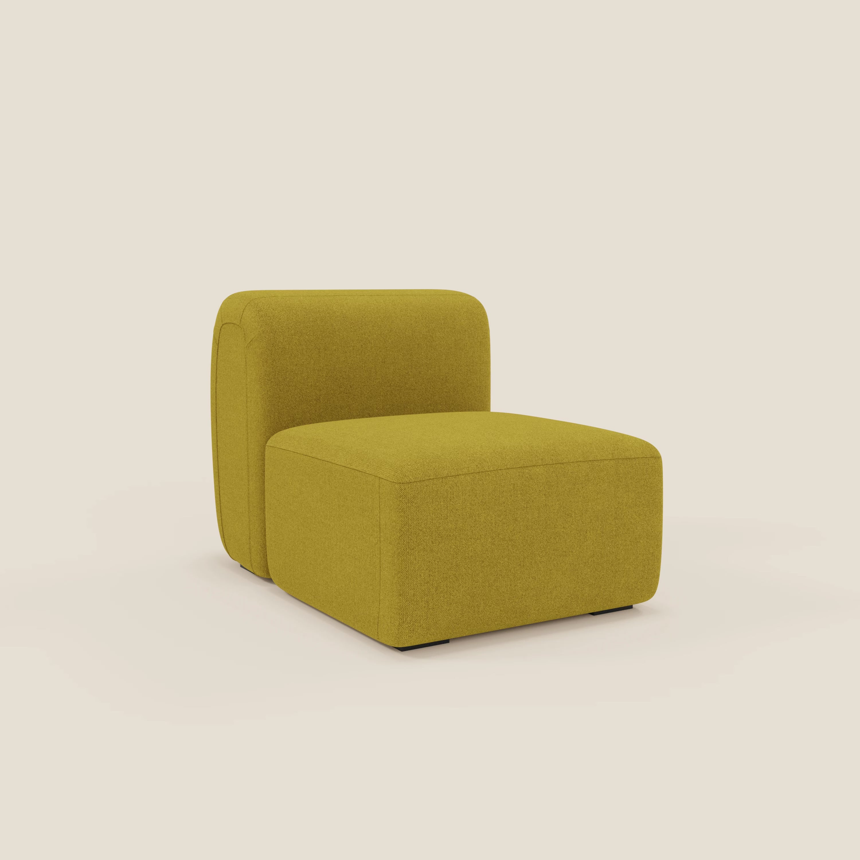BonBon modulo centrale 70 cm di Divani.Store è una poltrona modulare senza braccioli in tessuto T23 giallo sole, facile da pulire, con una spessa seduta imbottita, uno schienale basso e arrotondato e gambe discrete su uno sfondo beige chiaro.
