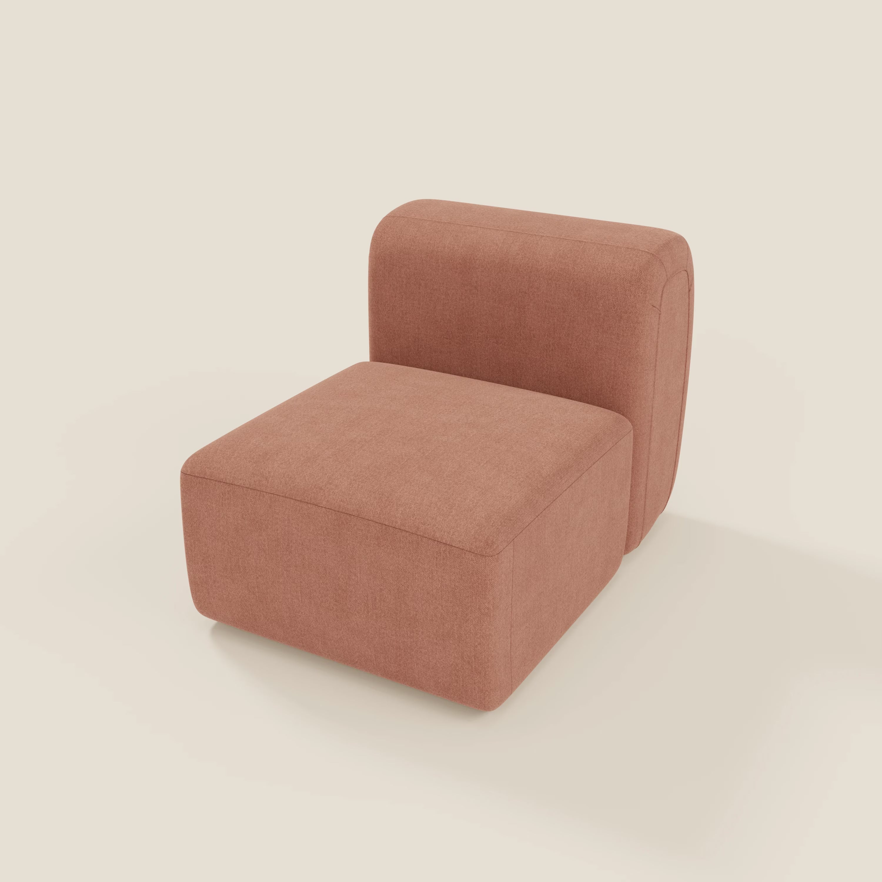 BonBon modulo centrale 70 cm di Divani.Store è una sedia moderna senza braccioli o componibile con seduta morbida e rettangolare e schienale basso e curvo, rivestita in tessuto T23 pesca, facile da pulire, su sfondo bianco sporco.