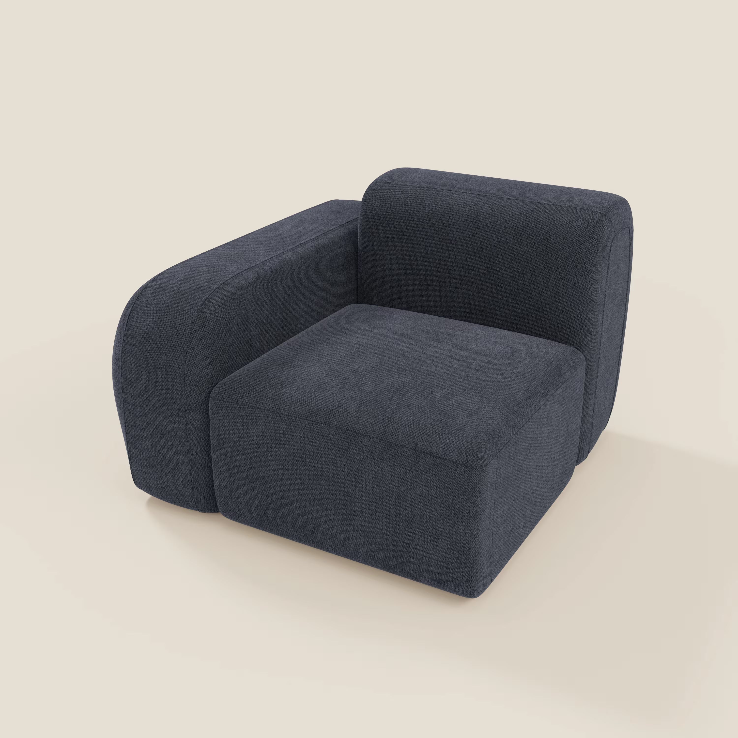 BonBon modulo terminale 105 cm di Divani.Store è una poltrona moderna e minimalista in tessuto T23 blu ardesia smacchiabile con cuscini spessi, schienale basso e braccioli larghi, perfetta per un look accogliente.