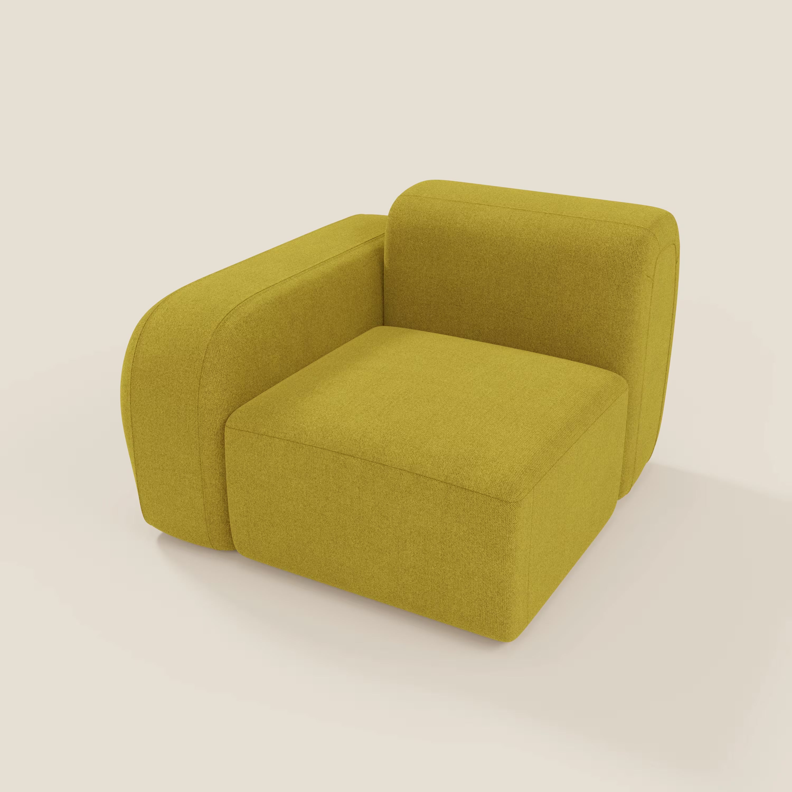 BonBon modulo terminale 105 cm di Divani.Store è una poltrona moderna, di colore giallo senape, con cuscini spessi e bordi arrotondati, caratterizzata da un morbido tessuto antimacchia T23 giallo per una maggiore durata. Ispirata alla collezione Bonbon di Divani.