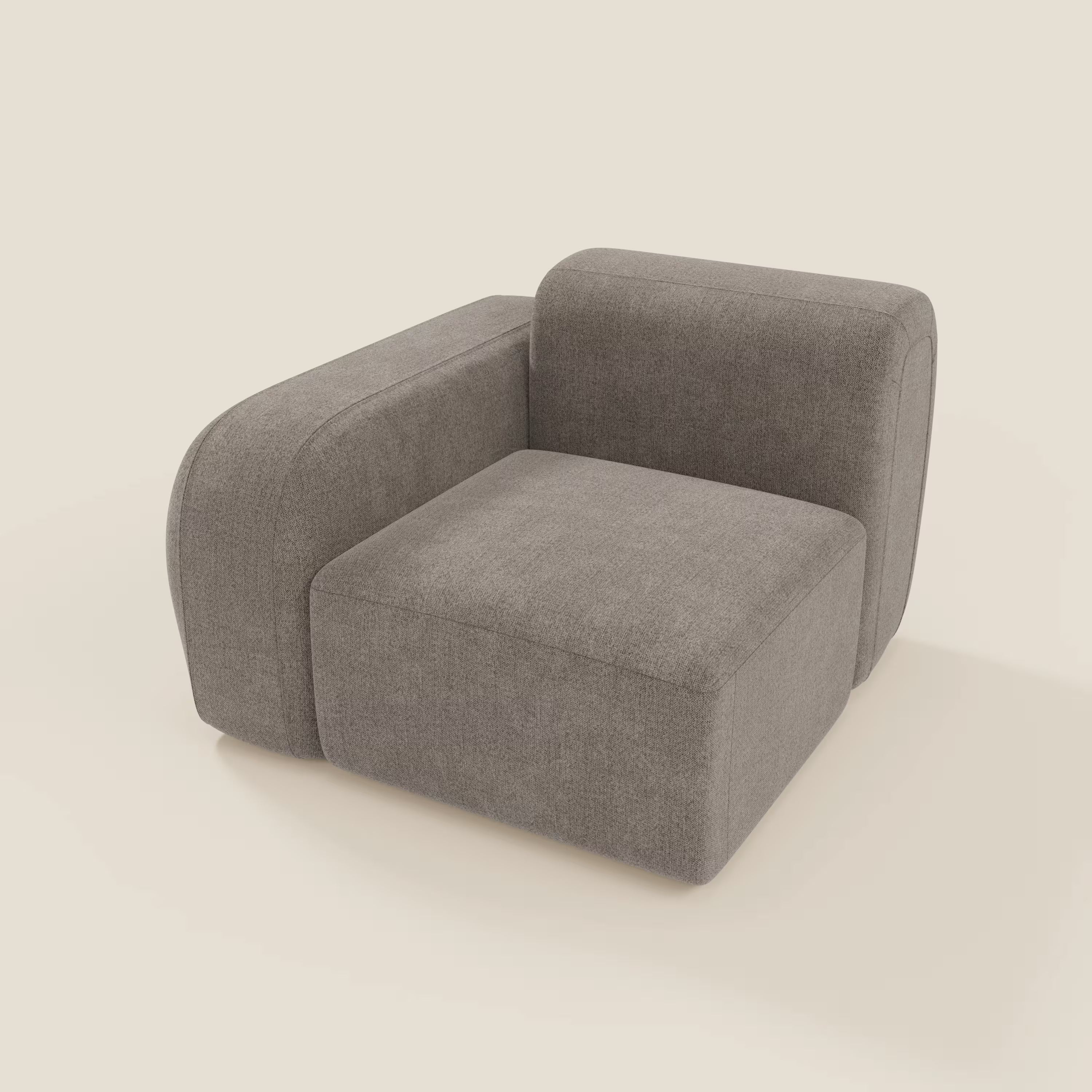 Divani.Store BonBon modulo terminale 105 cm sinistro o destro in tessuto smacchiabile T23 talpa è una poltrona moderna e minimalista con imbottitura quadrata e bordi arrotondati, caratterizzata da un ampio bracciolo, ideale per qualsiasi spazio contemporaneo.