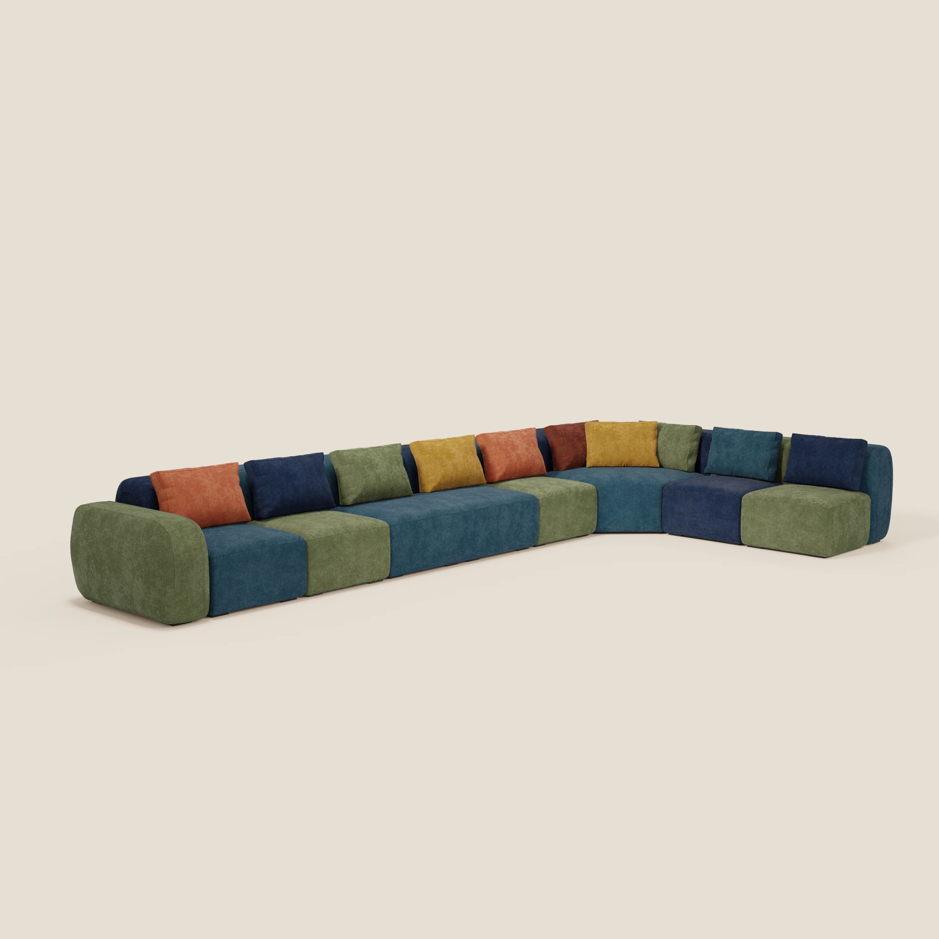 Il BonBon Grande Fratello Edition di Divani.Store è un grande divano modulare a L dal design moderno e audace, con rivestimenti giocosi in blu, verde, giallo senape e arancio ruggine, perfetto per ravvivare qualsiasi spazio.