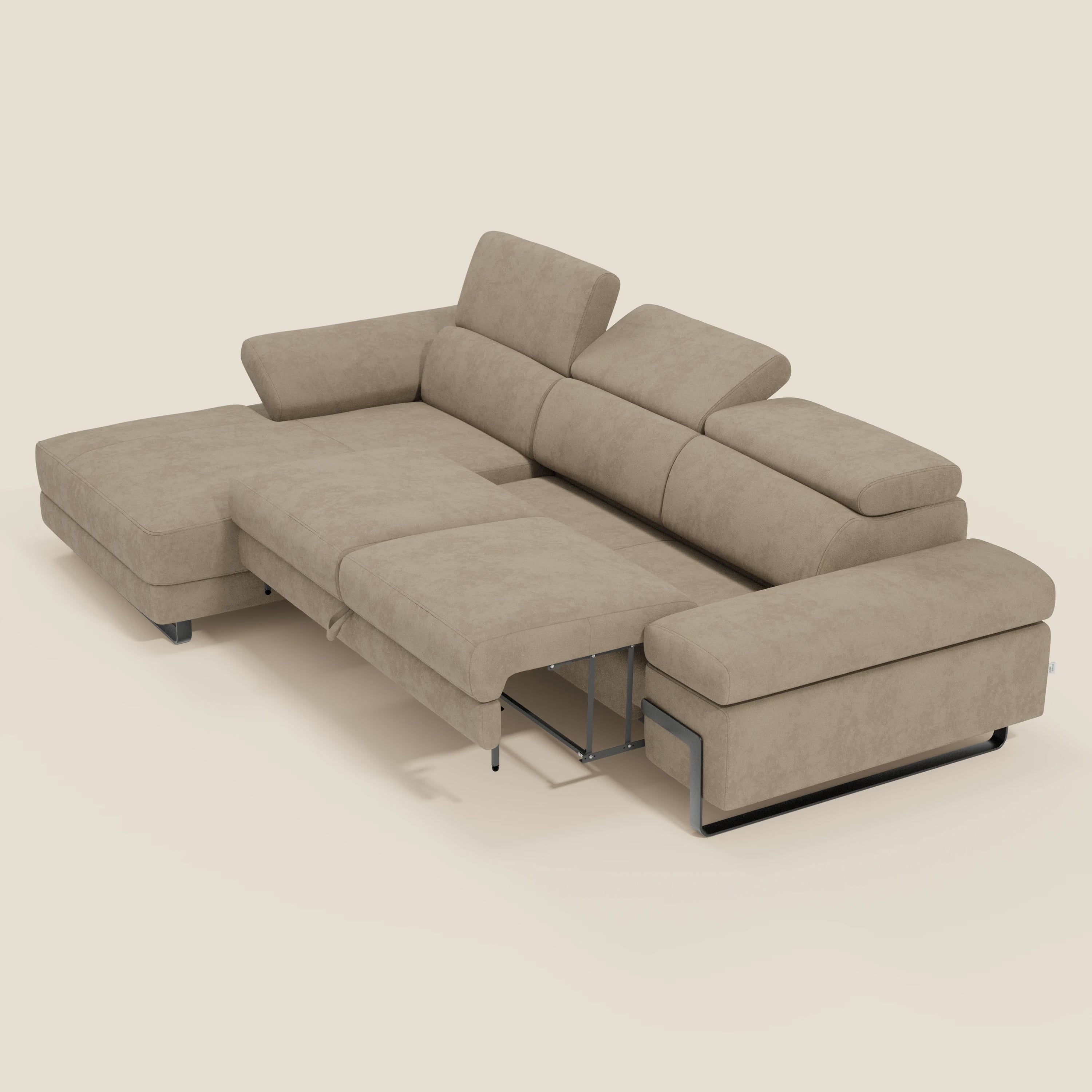 Zayana Divano angolare estraibile - braccioli e poggiatesta reclinabili in tessuto impermeabile T02 beige