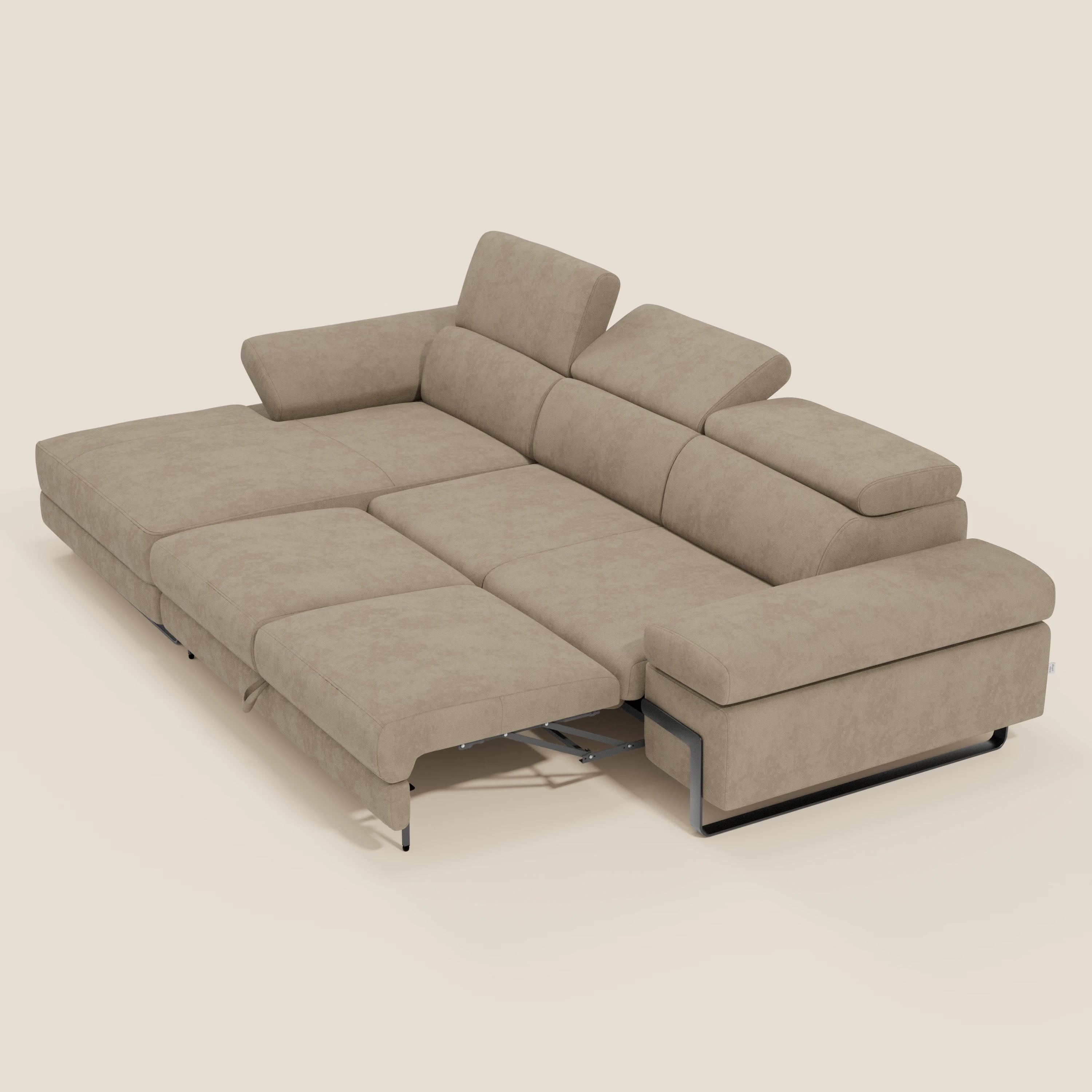 Zayana Divano angolare estraibile - braccioli e poggiatesta reclinabili in tessuto impermeabile T02 beige