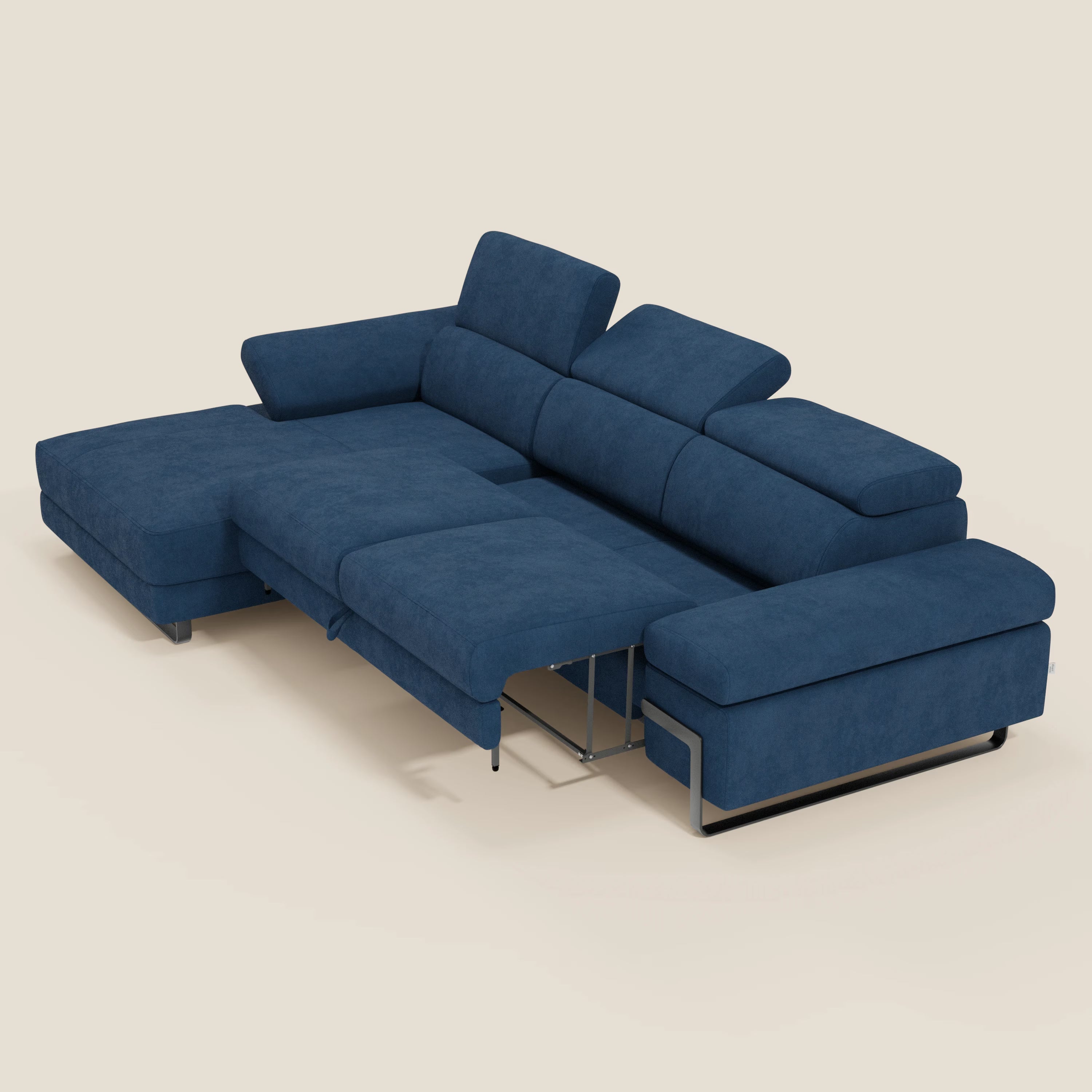 Zayana Divano angolare estraibile - braccioli e poggiatesta reclinabili in tessuto impermeabile T02 blu
