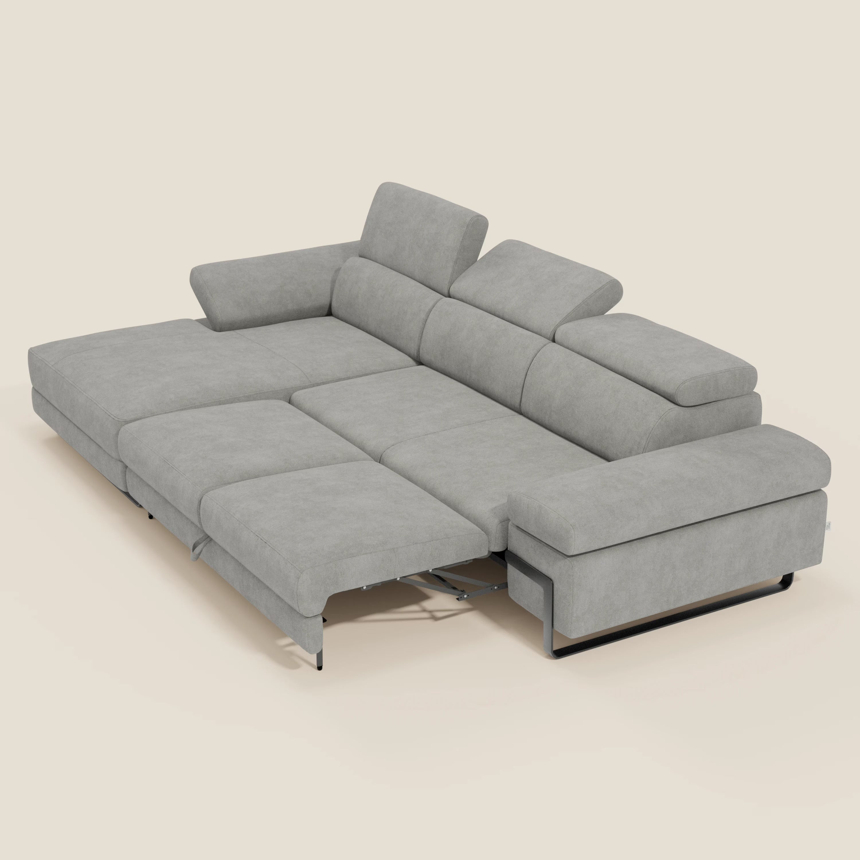 Zayana Divano angolare estraibile - braccioli e poggiatesta reclinabili in tessuto impermeabile T02 grigio chiaro