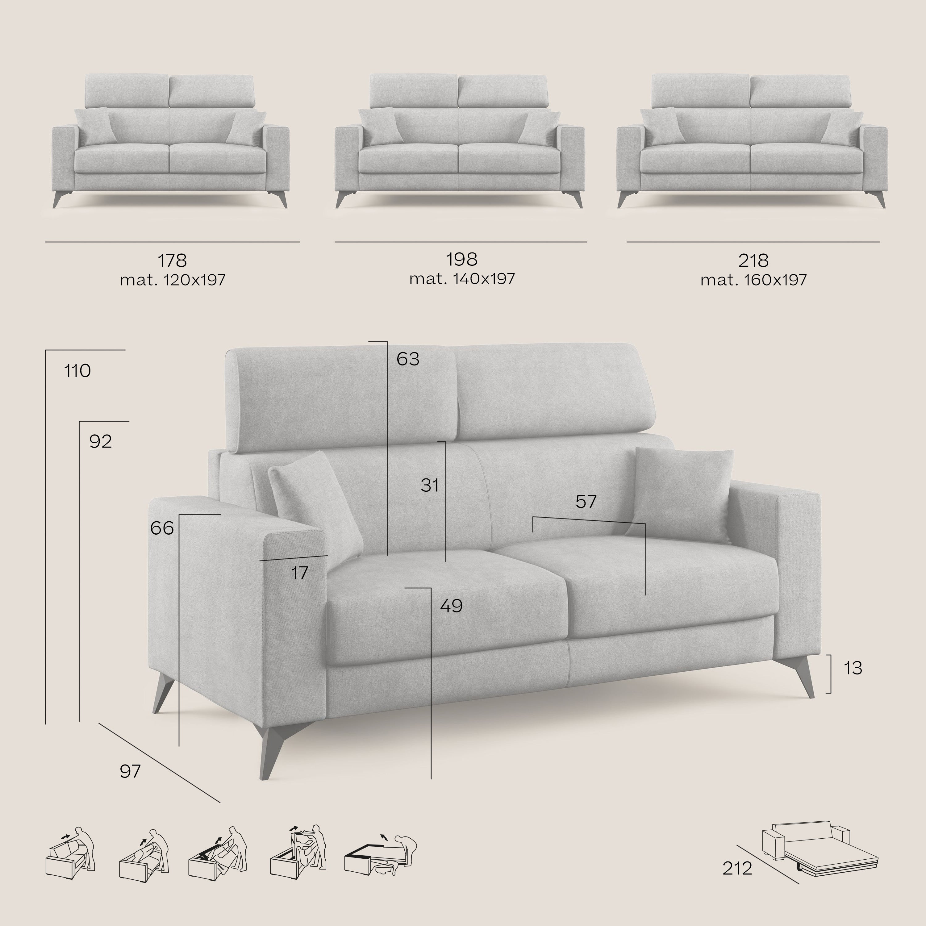 Pegaso divano letto con poggiatesta reclinabili e rivestimento T02 beige - divani.store