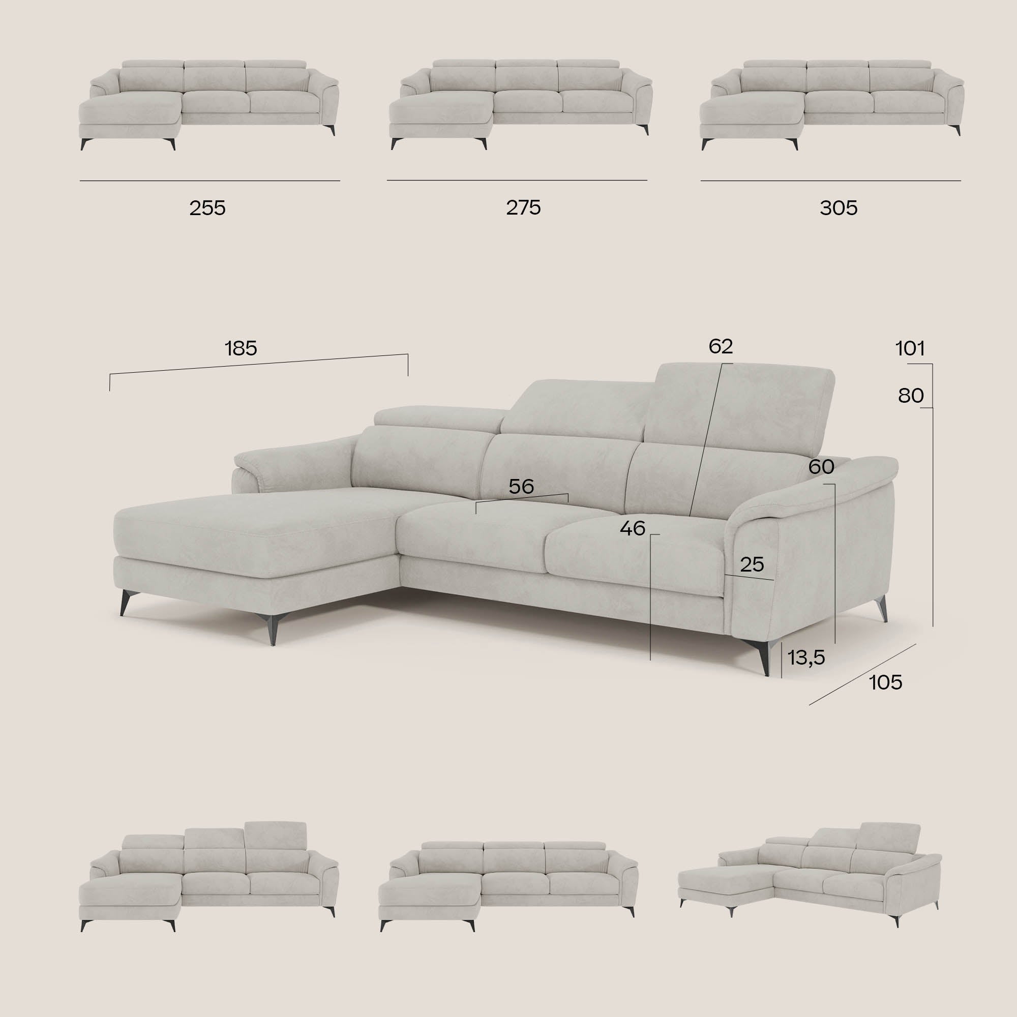 Arcos Divano con penisola - piedini alti e poggiatesta reclinabili in microfibra impermeabile T11 rosso