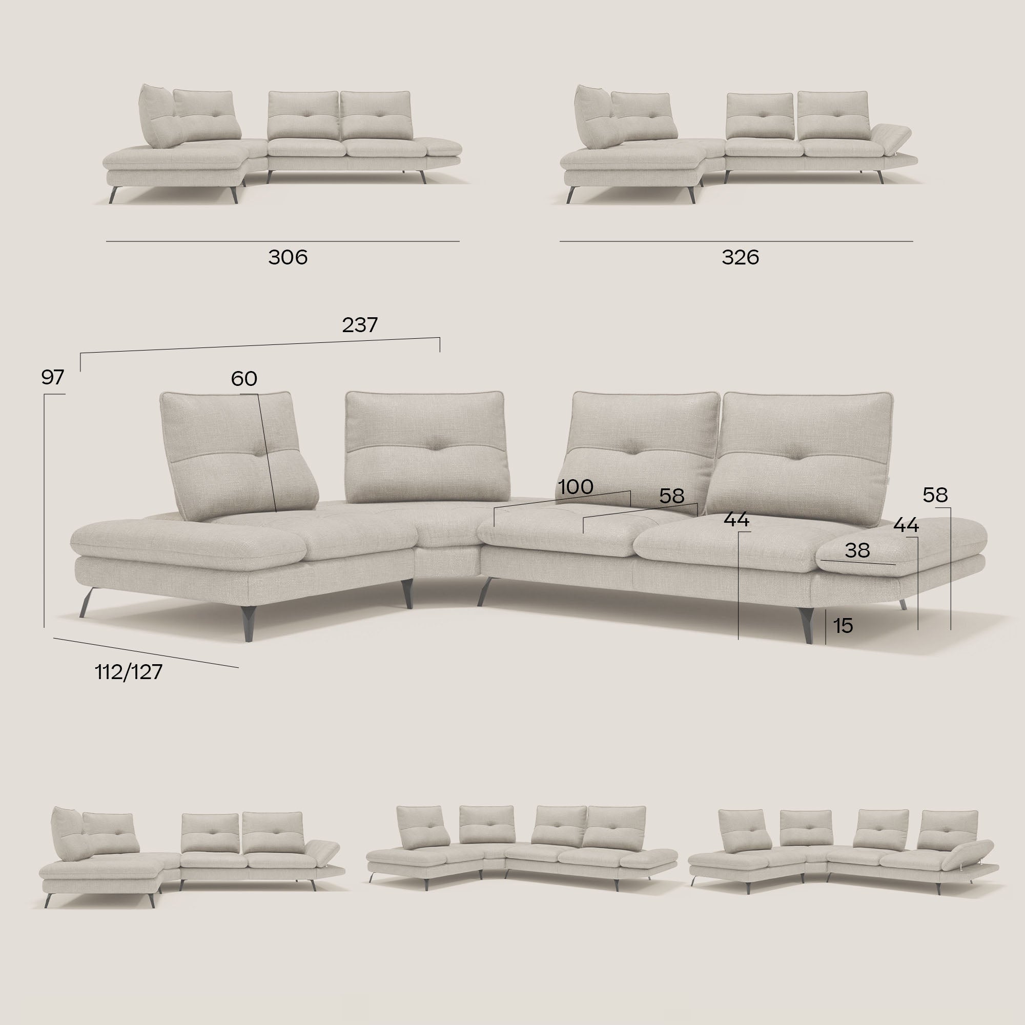 Ardex Divano Angolare - schienali traslanti e bracciolo regolabile in elegante tessuto impermeabile T06 antracite