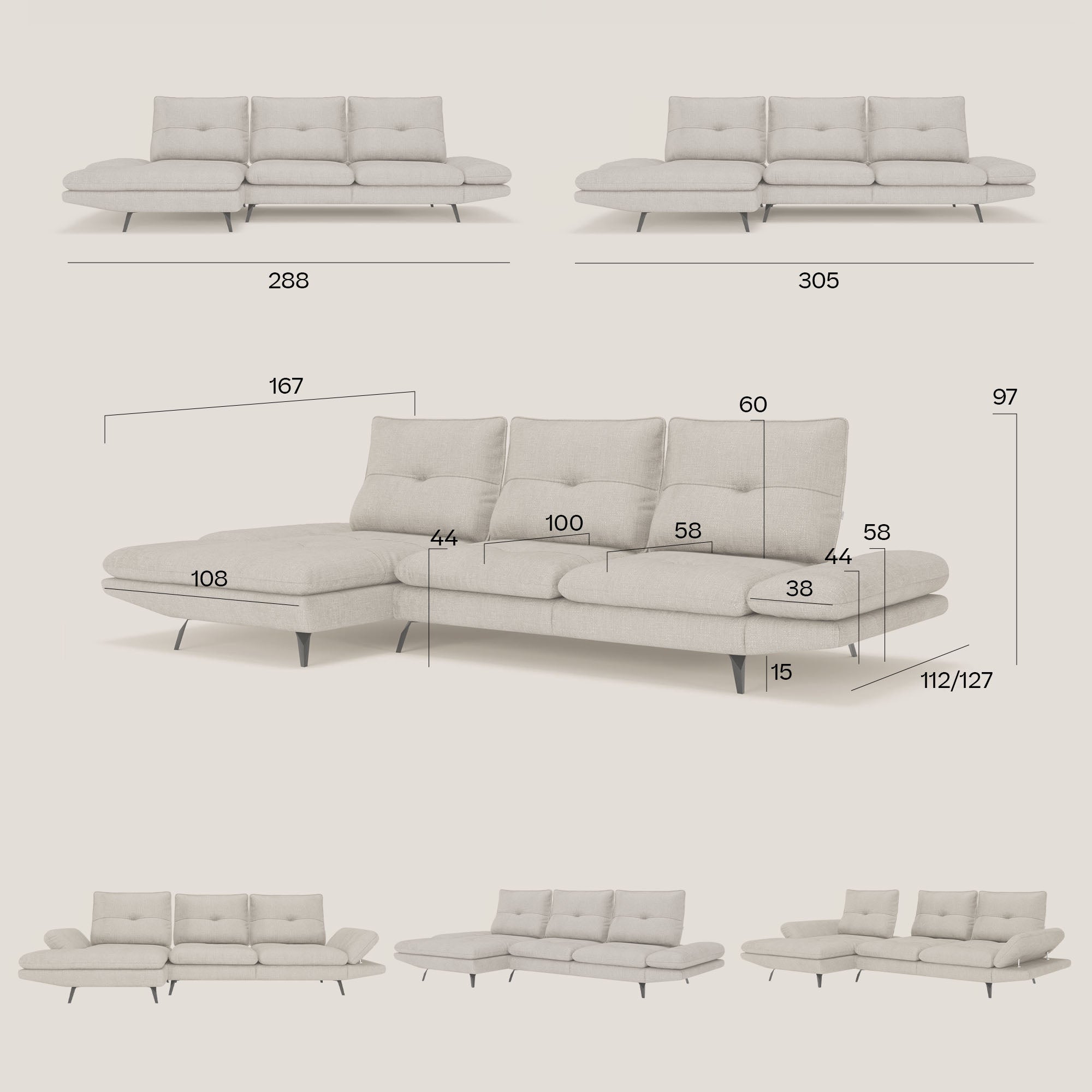 Ardex Divano con penisola - schienali traslanti e braccioli regolabili in elegante tessuto impermeabile T06 ghiaccio
