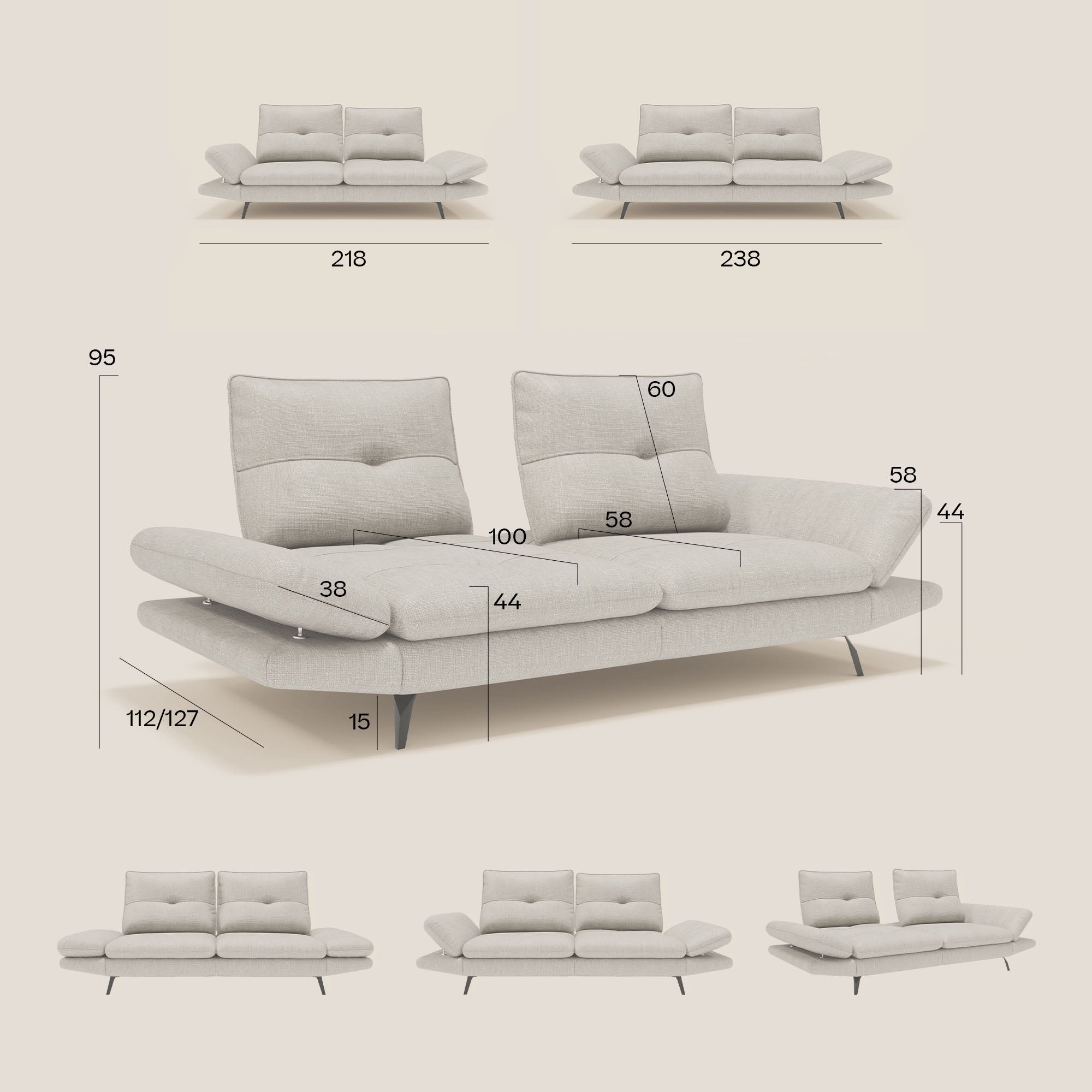 Ardex Divano 3 posti con schienali traslanti e braccioli regolabili in morbido tessuto impermeabile T06 corallo