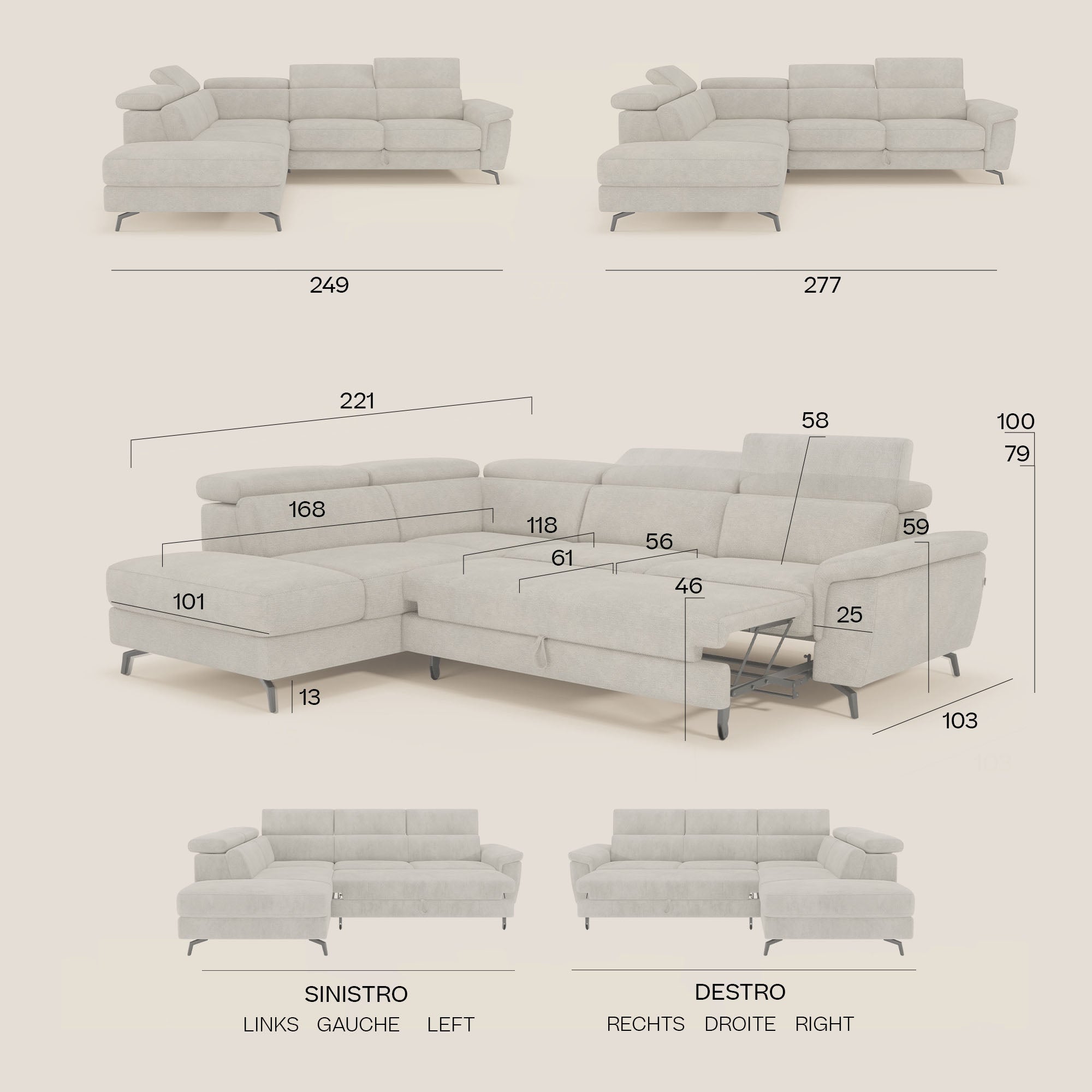 Estro Divano angolare estraibile - poggiatesta reclinabili in tessuto impermeabile T14 blu