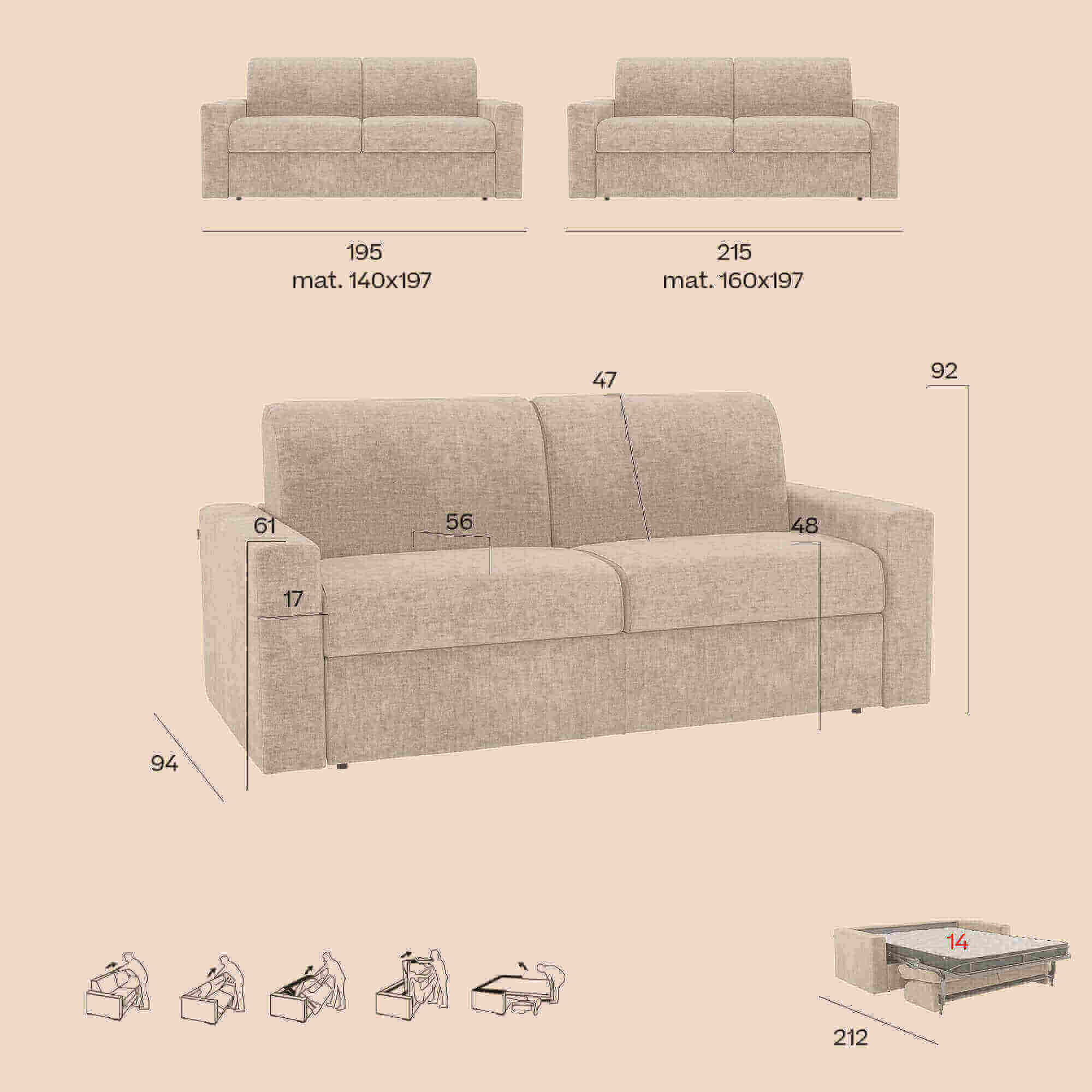 Diomede Divano letto matrimoniale in velluto easy clean sfoderabile - design moderno e comfort in T35 beige