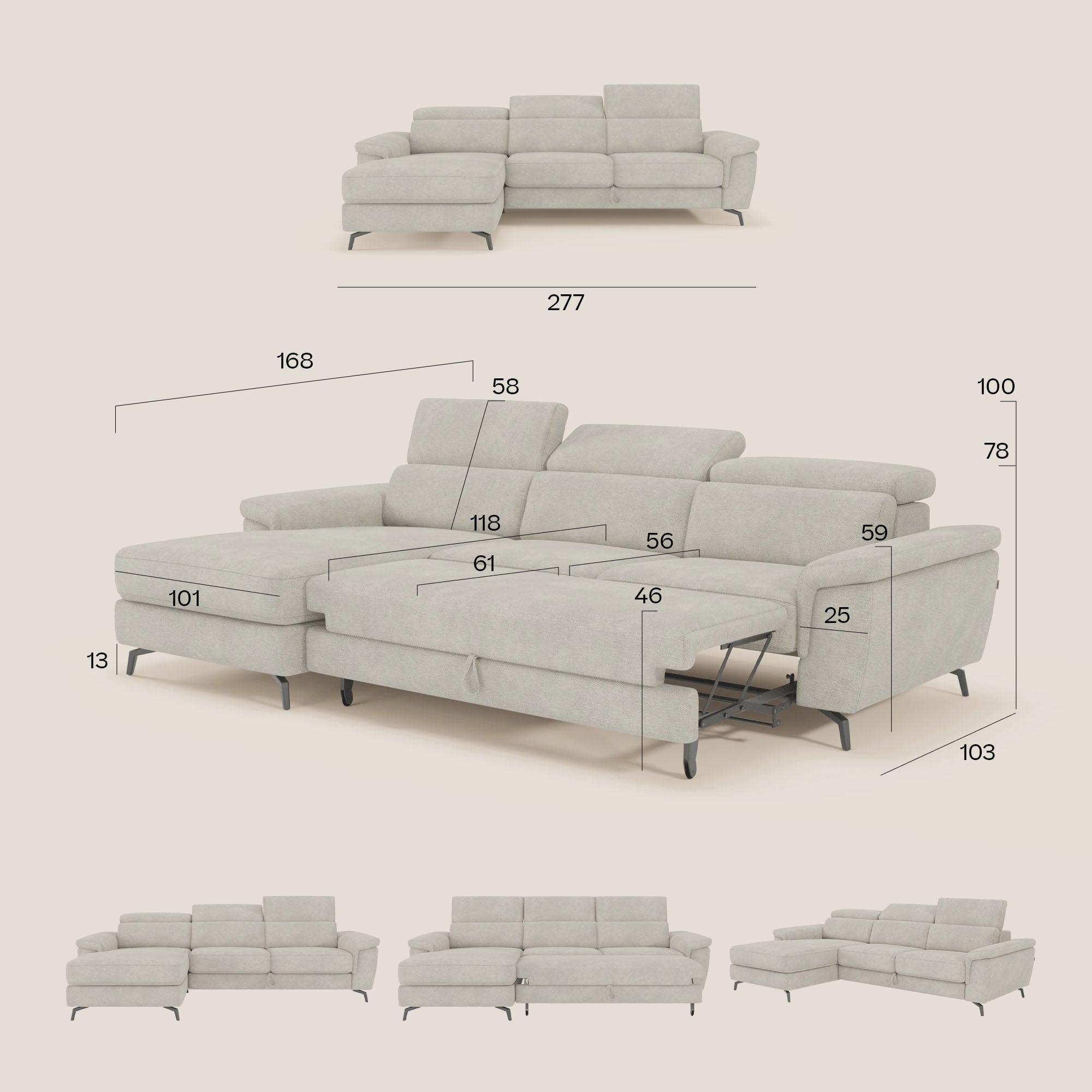 Estro Divano estraibile con chaise-longue e poggiatesta reclinabili in tessuto impermeabile T14 antracite