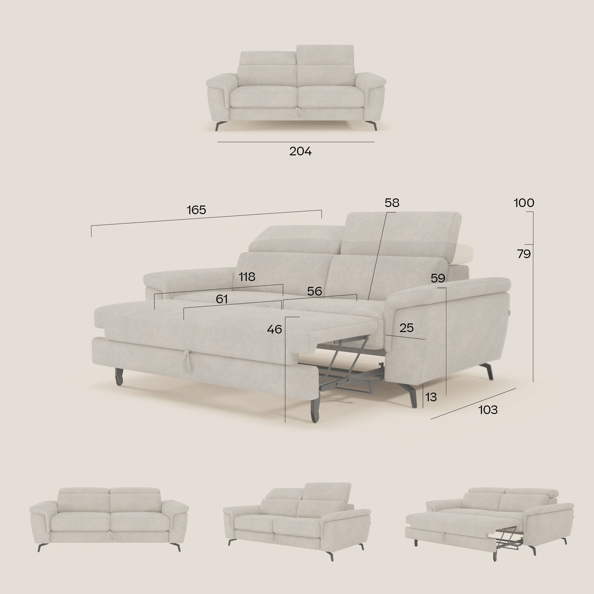 Estro Divano 3 posti con pouf estraibile - poggiatesta reclinabili in tessuto impermeabile T14 grigio