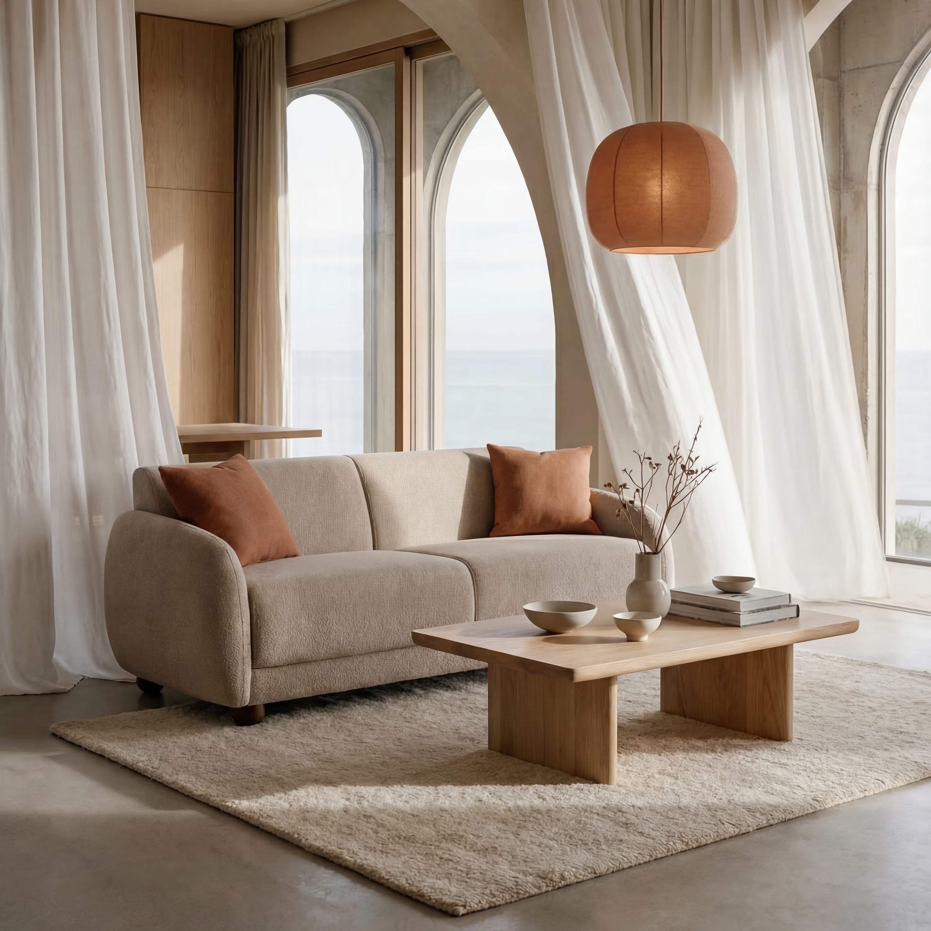 Un soggiorno moderno mette in risalto il divano letto scandinavo japandi Giglio di Divani.Store in Bouclé impermeabile T07 beige con materasso H18 cm, cuscini coordinati, tavolino in legno e tende trasparenti che incorniciano finestre ad arco con vista sull'oceano.