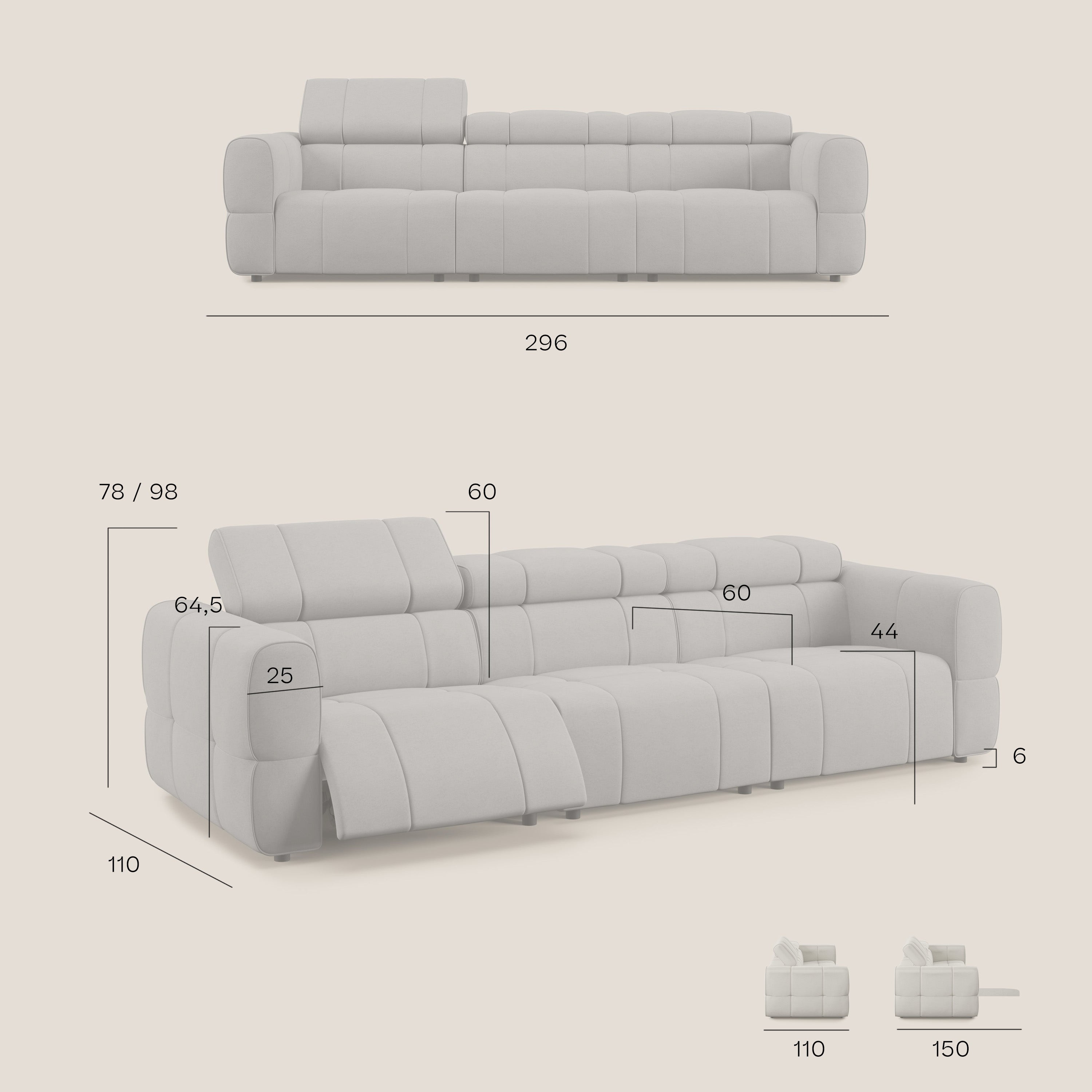 Giotto Divano modulare a 3 sedute con opzione relax elettrico in microfibra effetto velluto impermeabile T09 beige - divani.store
