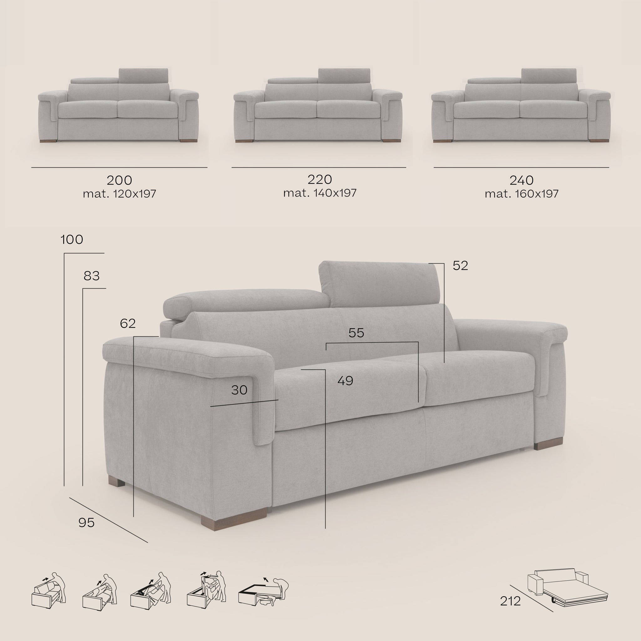 Giunone divano letto 220 cm (mat. 140x197 cm) con materasso alto 18 cm e poggiatesta reclinabili in tessuto impermeabile T19 PANNA