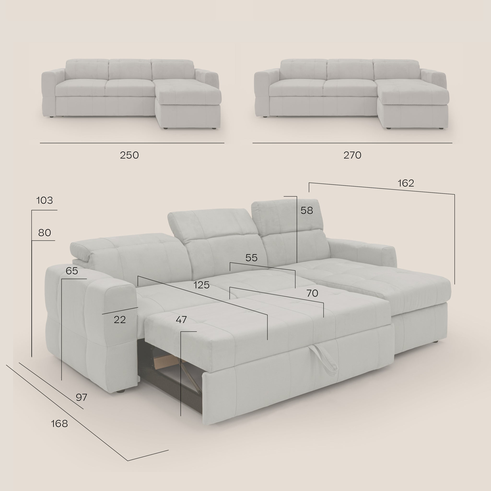 Kronos Divano angolare 270 cm Sinistro con elemento estraibile e penisola contenitore in microfibra impermeabile T11 TORTORA