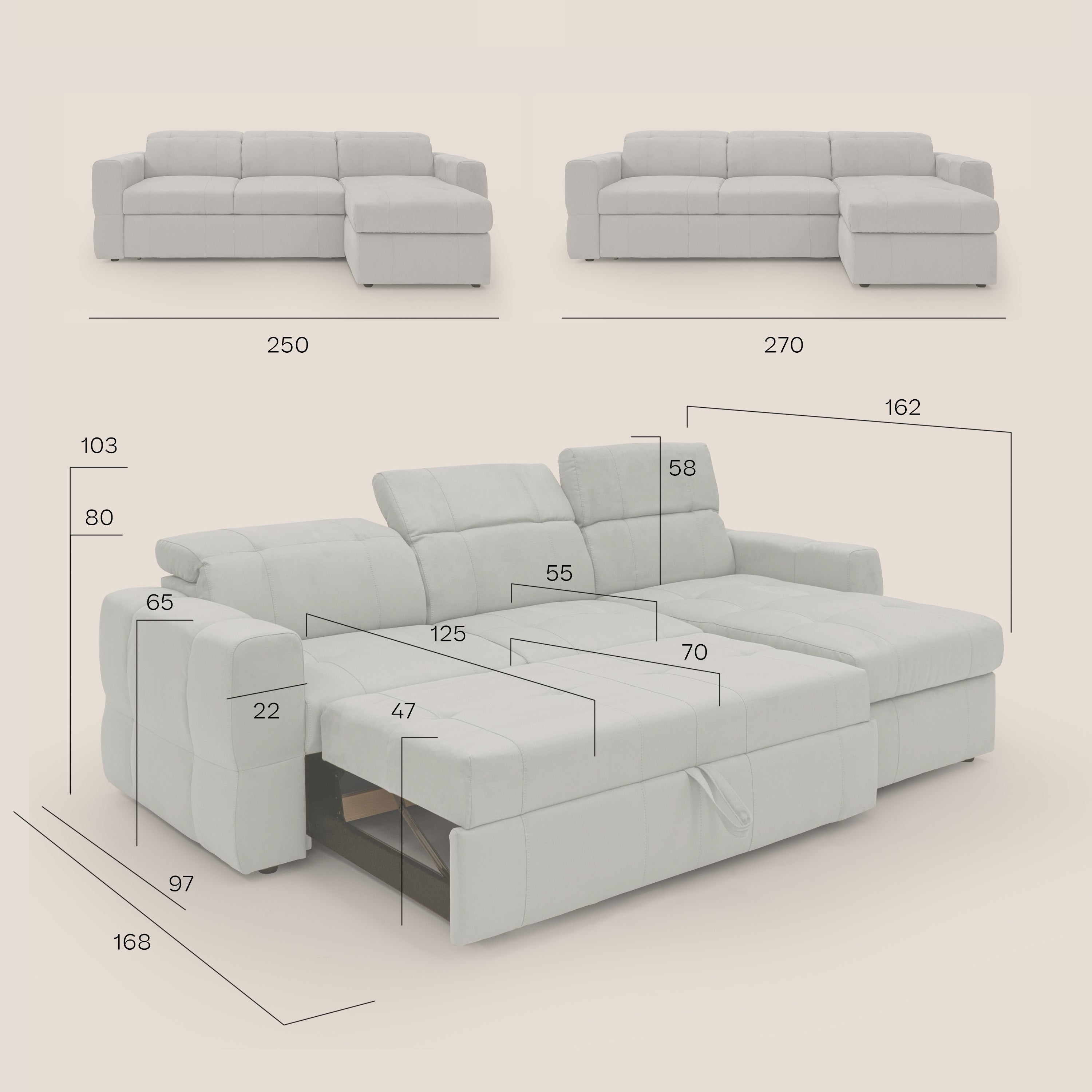 Kronos Divano angolare con pouf estraibile e penisola contenitore in microfibra impermeabile T11 carta da zucchero - divani.store