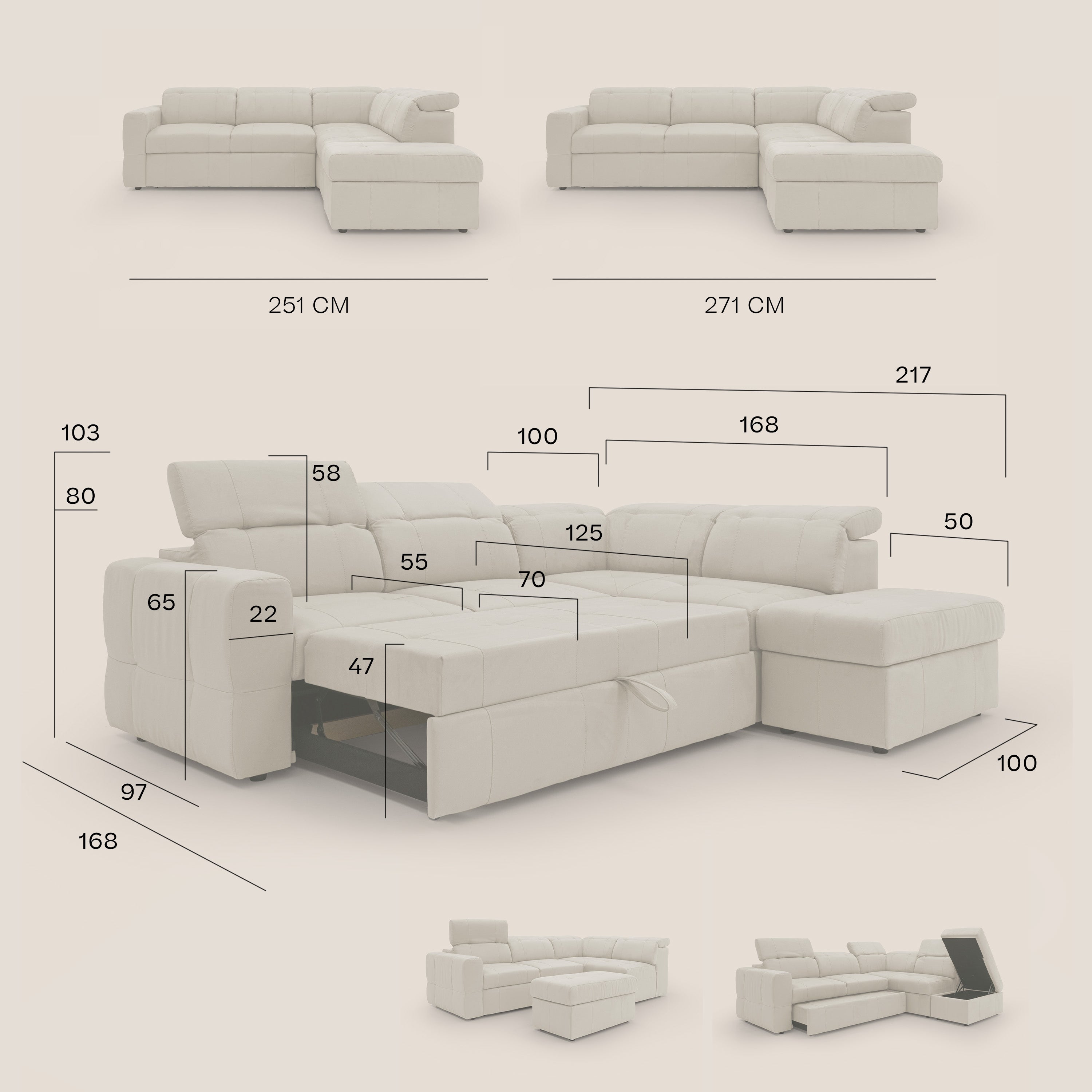 Kronos Divano angolare con poggiapiedi estraibile e pouf contenitore mobile in microfibra impermeabile T11 panna - divani.store