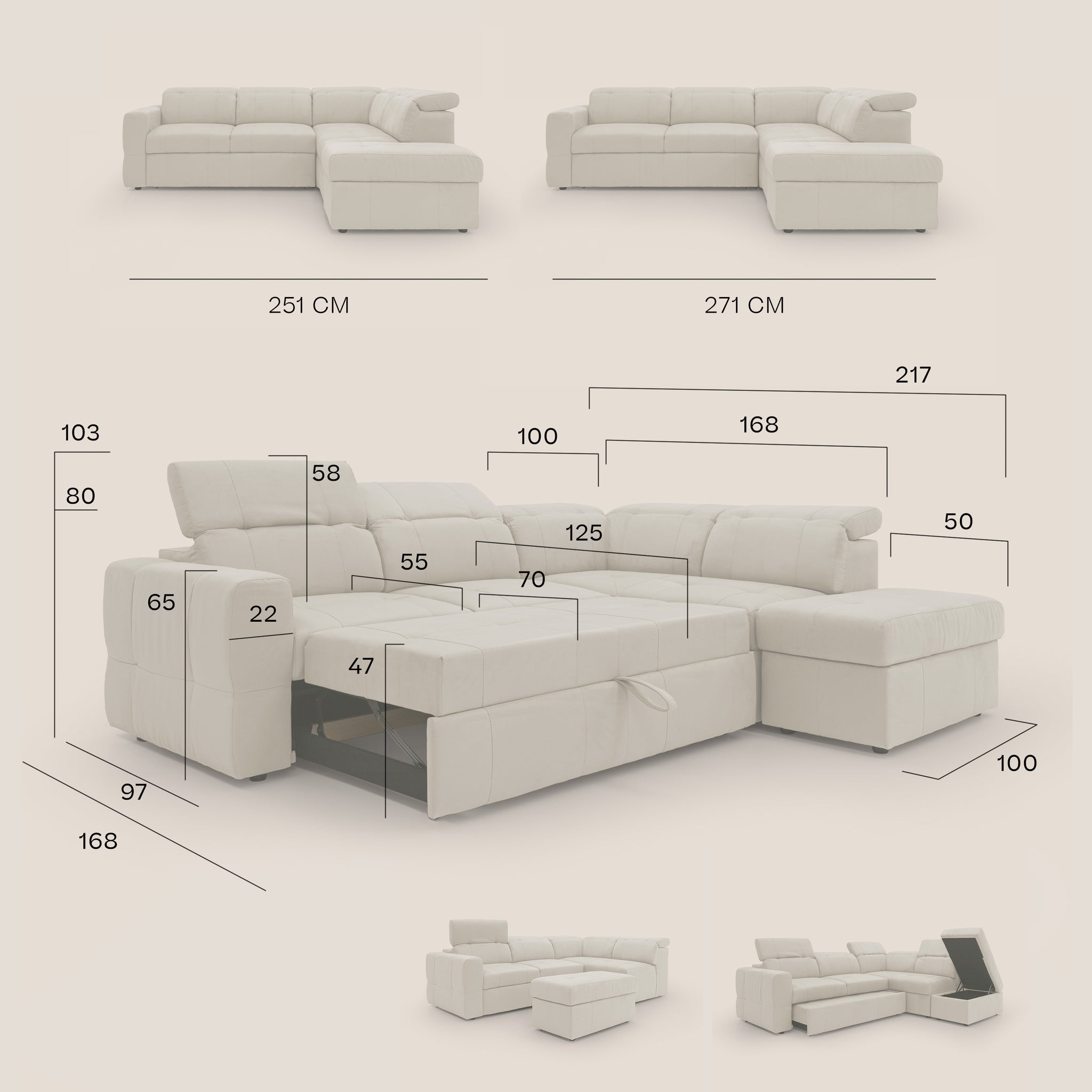 Kronos Divano angolare con poggiapiedi estraibile e pouf contenitore mobile in microfibra impermeabile T11