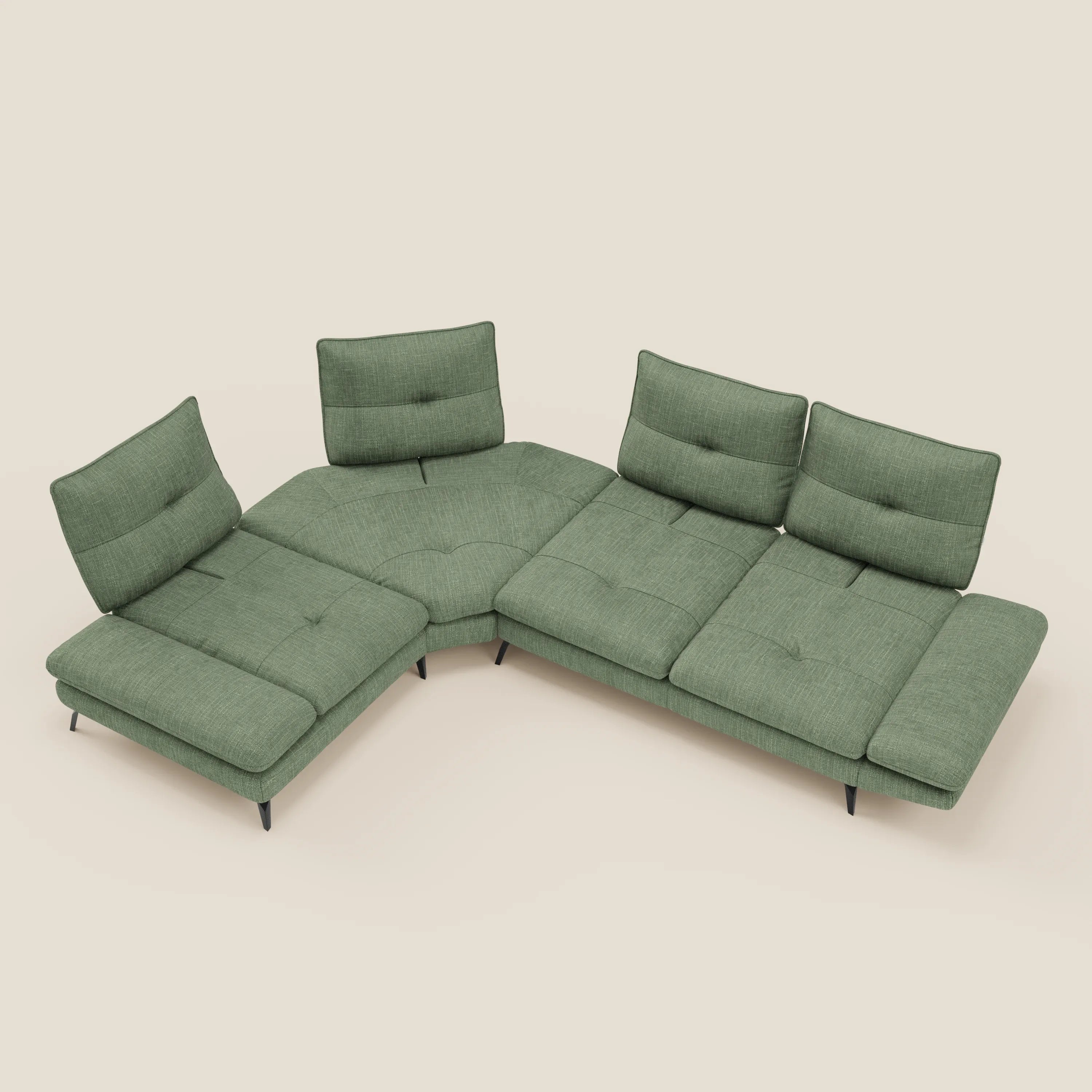 Ardex Divano Angolare - schienali traslanti e bracciolo regolabile in elegante tessuto impermeabile T06 verde