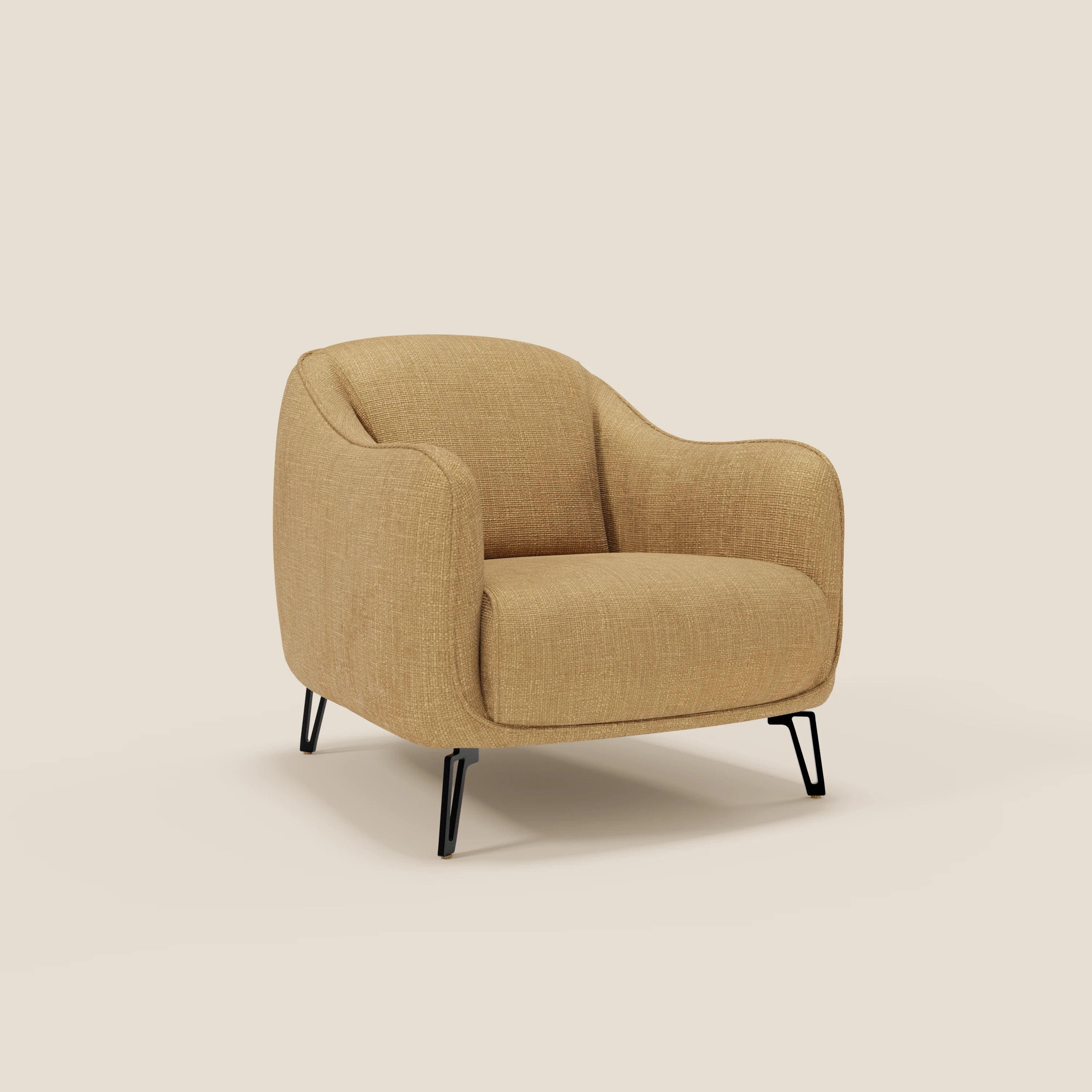 L'Avela Poltroncina di Divani.Store offre un comfort senza tempo con un design moderno, caratterizzato da bordi arrotondati, cuscini di seduta e di schienale morbidi, braccioli curvi e sottili gambe in metallo nero in morbido tessuto impermeabile giallo T06.
