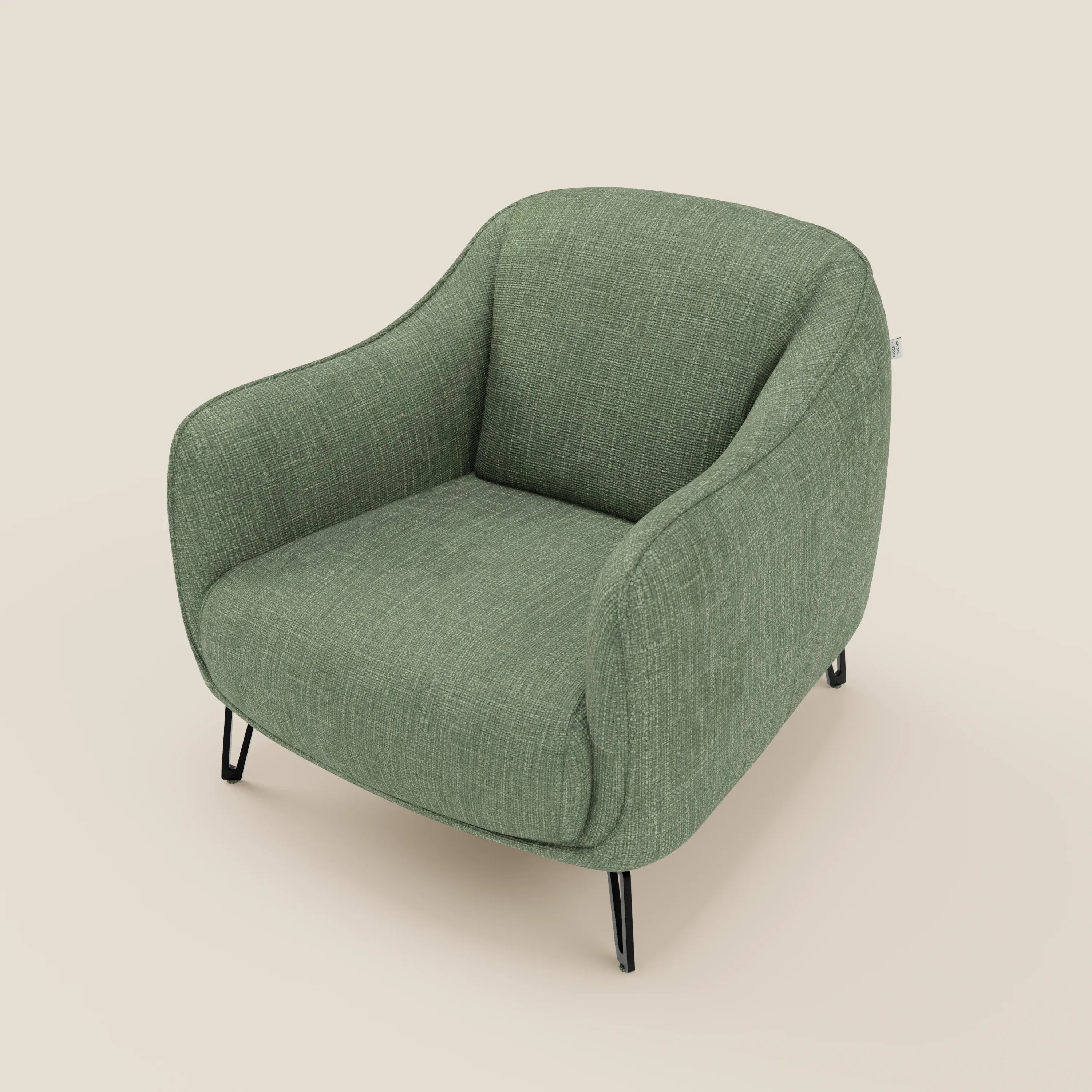L'Avela Poltroncina di Divani.Store è caratterizzata da un morbido tessuto impermeabile verde T06, da un comfort senza tempo, da bordi arrotondati e da sottili gambe in metallo nero per un look moderno, invitante e minimalista.