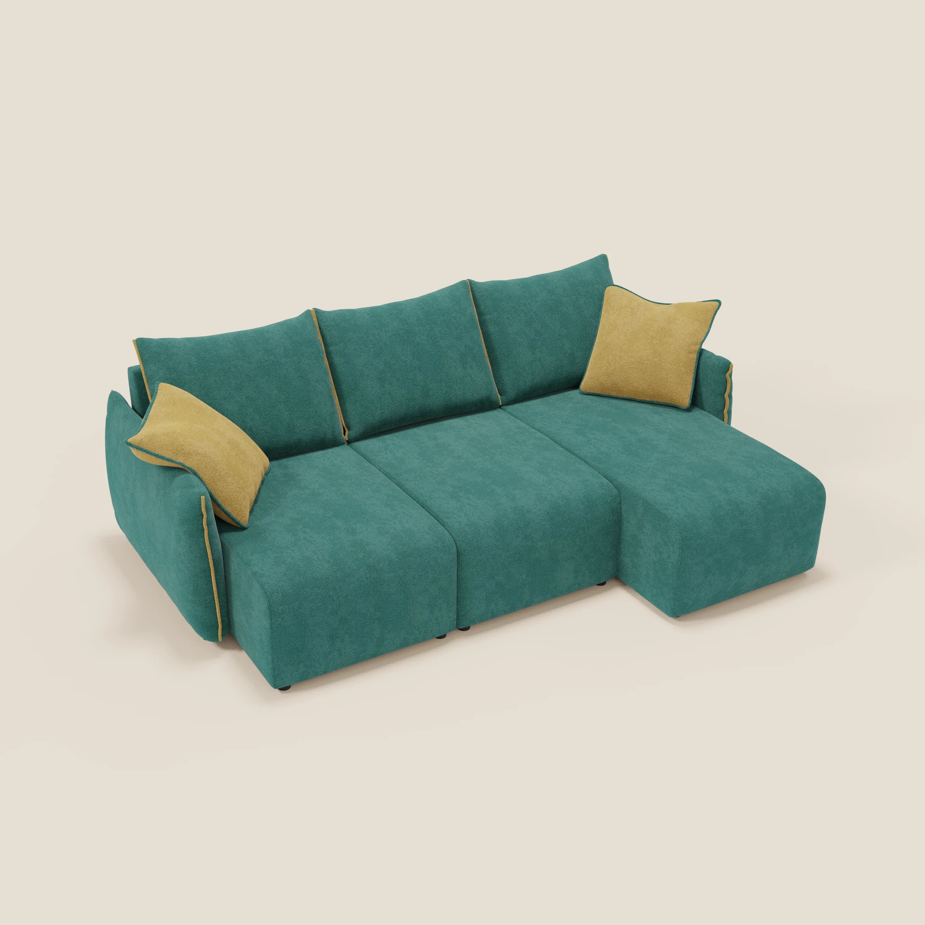 Il Flexar Divano angolare reversibile di Divani.Store è caratterizzato da tre sedute con seduta allungata in morbido bouclé impermeabile T07 verde-giallo, accentuato da profili e cuscini gialli per un look accogliente su uno sfondo bianco sporco.