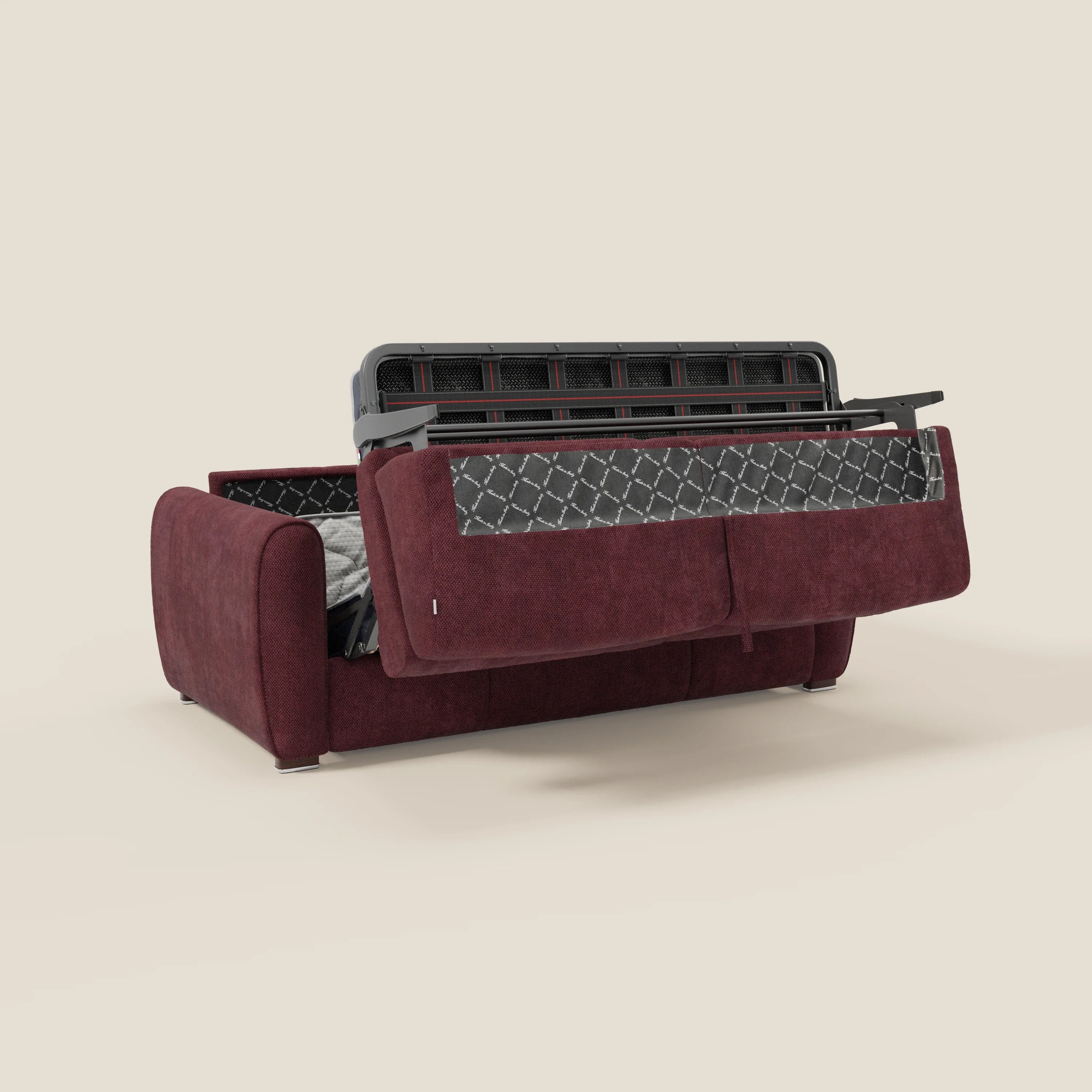 Kaleo Divano letto moderno con materasso H17 cm - in raffinato tessuto impermeabile T26 bordeaux prugna