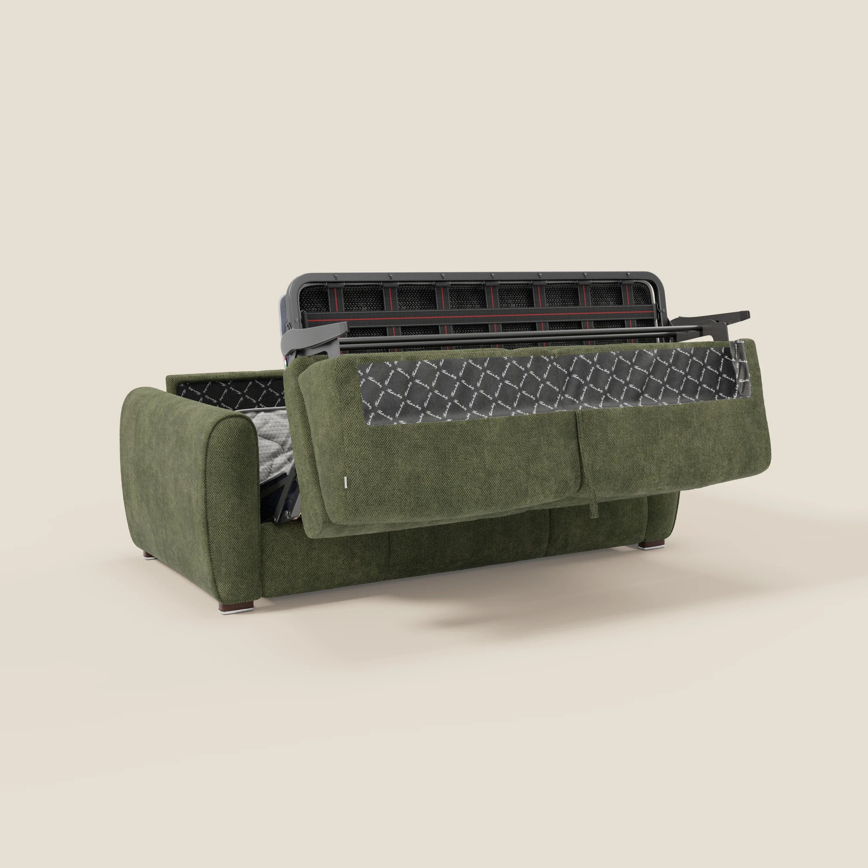 Kaleo Divano letto moderno con materasso H17 cm - in raffinato tessuto impermeabile T26 verde muschio
